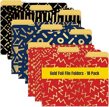 Better Office Products Decorative File Folders with Gold Foil, 18 Pack, 9 Geometric Designs, Red/Black/Blue Color Theme, Heavyweight, Letter Size 9.5" x 11.5" with 1/3 Cut Tab, Fashion Folders