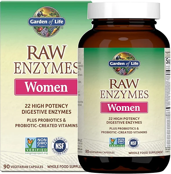 Garden of Life 22 Digestive Enzymes for Women with Bromelain, Papain, Lipase & Lactase Plus Probiotics & Vitamins B12, Biotin & Zinc – RAW Enzymes – Non-GMO, Gluten-Free, Vegetarian, 90 Caps