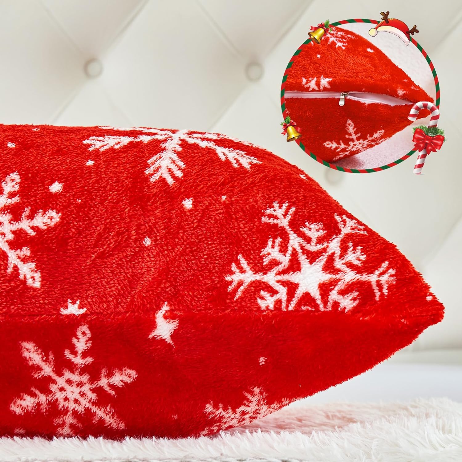YIYEA Christmas Faux Fur Pillow Cases Standard Size Set of 2, Luxury Ultra Soft Fuzzy Pillowcases, Fluffy Plush Velvet Pillow Covers with Zipper, Cozy Warmth and No Shedding, 20 x 26