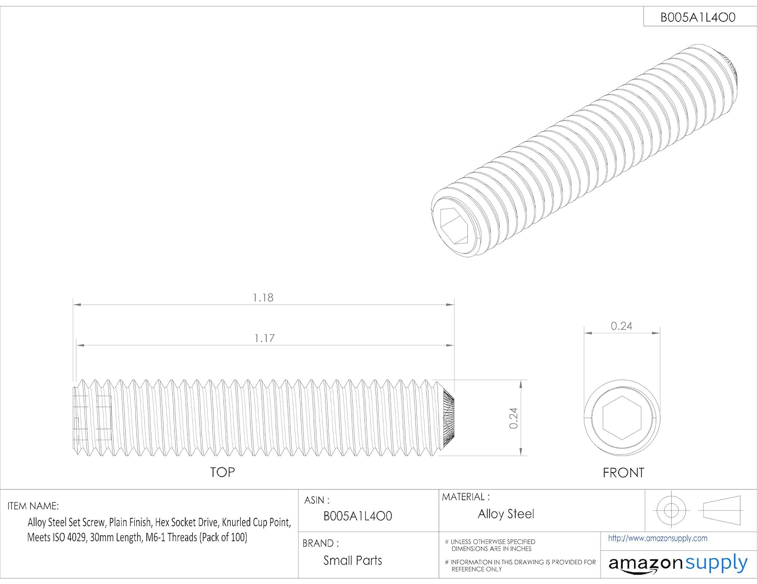 Alloy Steel Set Screw, Plain Finish, Hex Socket Drive, Knurled Cup Point, Meets ISO 4029, 30mm Length, M6-1 Metric Coarse Threads (Pack of 100)