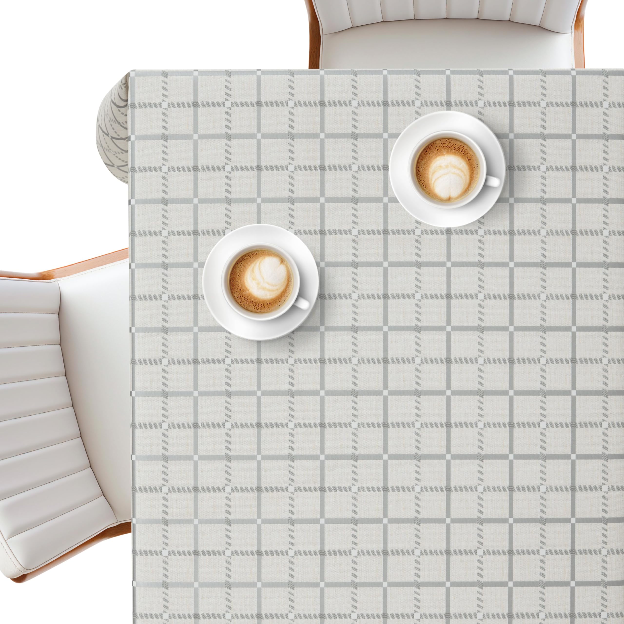 KP HOME PVC Table Cloth Wipe Clean – Square 55.1"x55.1" (140x140cm), Soft Touch Wipeable Beige Plastic Tablecloth with Linen Effect, Waterproof, Outdoor Oil Cloth Table Cover, Grey Checkered Grid