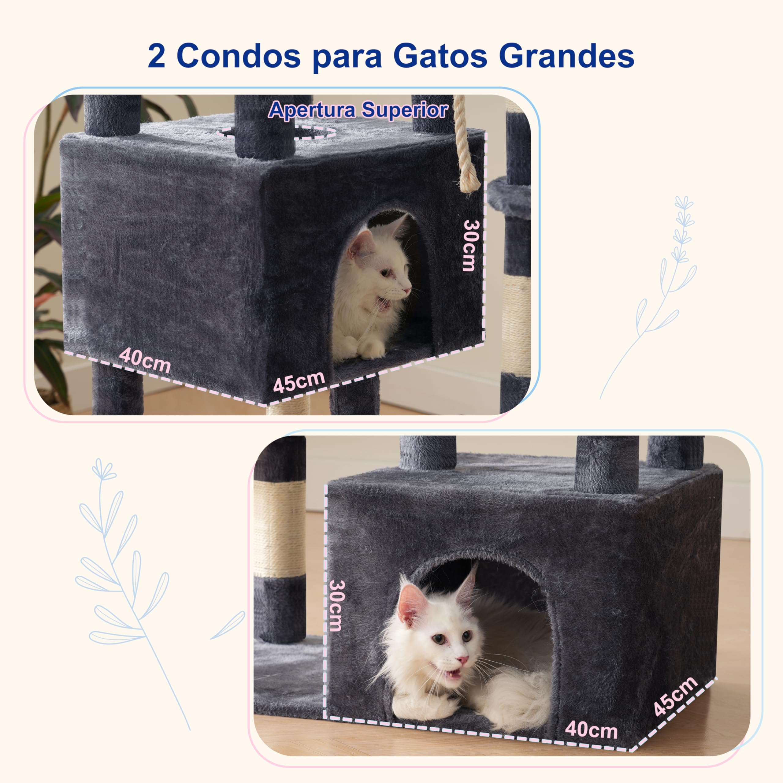 Gitelsnour rascador para Gatos Grandes, árbol para Gatos de 174 cm de Altura, con 2 Plataformas Colgantes Grandes, 2 Casitas para Gatos de Interior, 15 rascadores, Gris Ahumado GCT033G