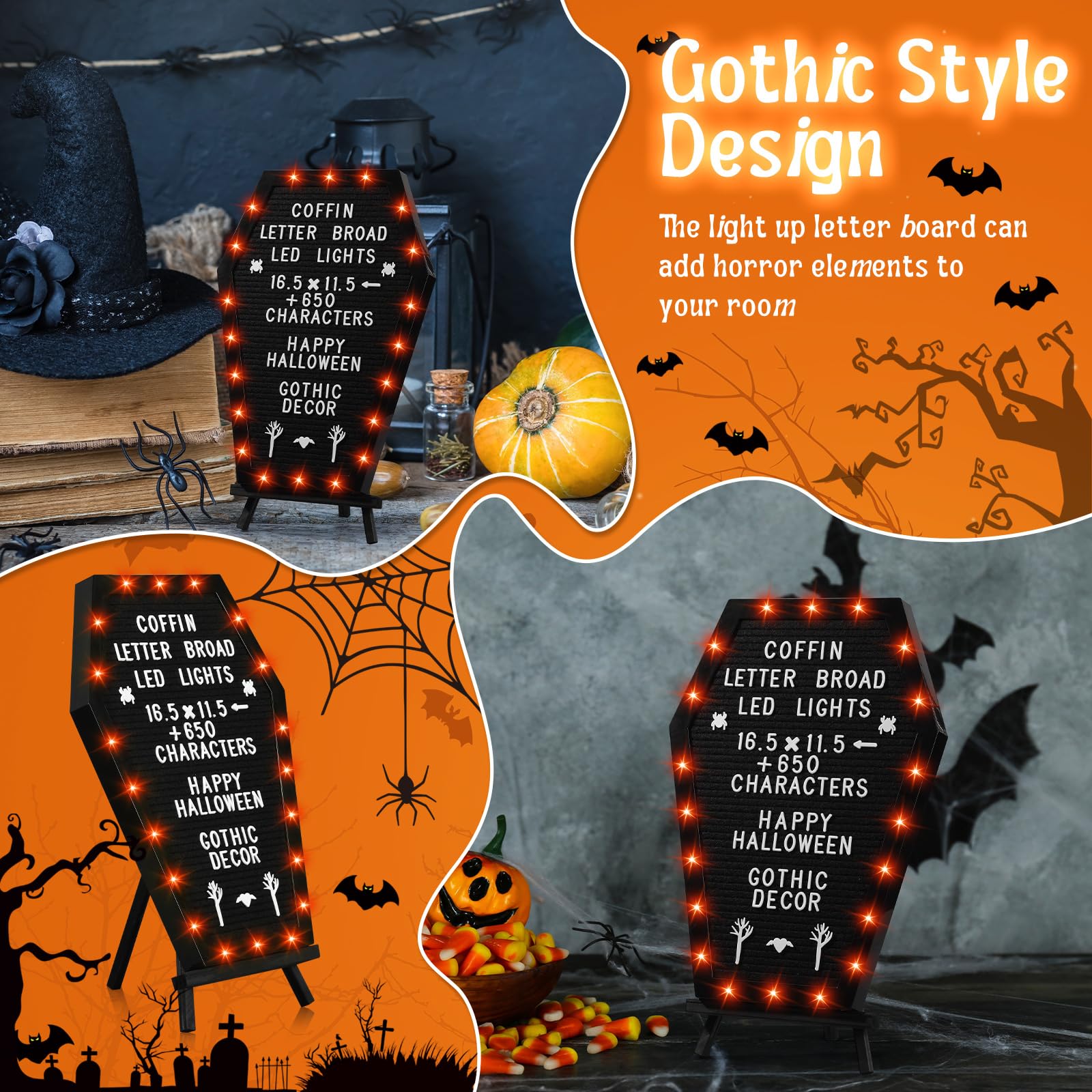 Sintuff Tablero de letras de ataúd con soporte, luces LED integradas, 620 caracteres, patrón de estilo de Halloween, decoración gótica para el hogar, oficina, bistró y escuela (luz LED naranja)