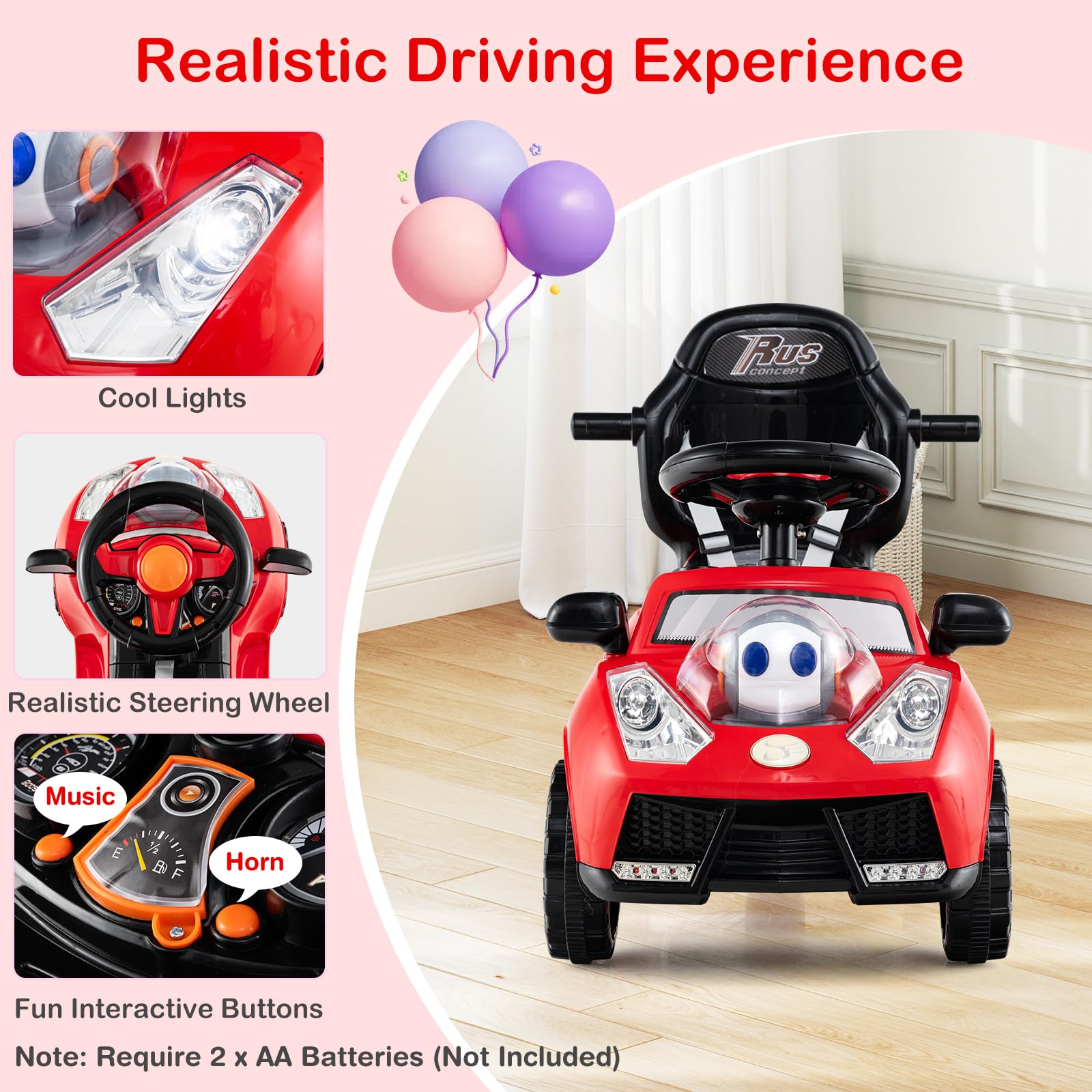 SOARS Macchina Cavalcabile per Bambini 1-3 Anni, Cavalcabile Bambino 3 in 1, Carpot & Maniglia Rimovibili, Guida Realistica con Volante, Clacson, Musica, Carico 25 KG, Regalo Ragazza Ragazzo (Rosso)