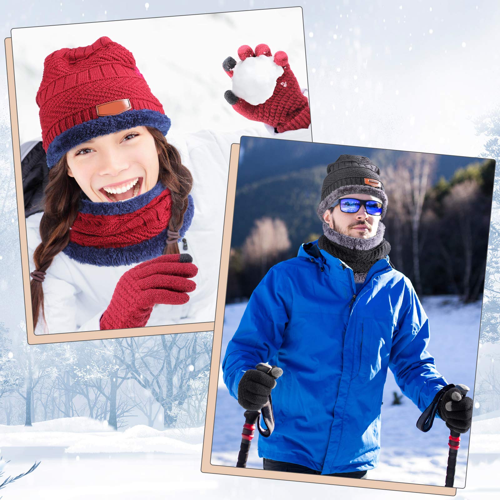 Gorro de punto de invierno, calentador de cuello, guantes para pantalla táctil, gorro de punto de forro polar, bufanda con bucle circular, guantes de punto para hombres y mujeres, Colores sencillos 5