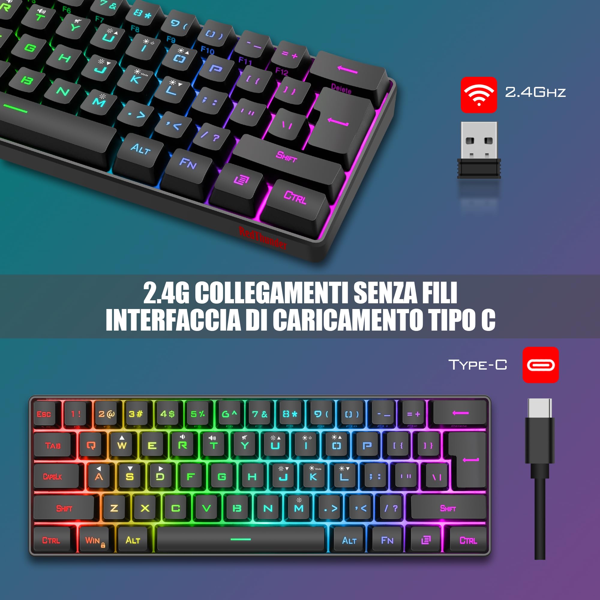 RedThunder 60% Tastiera da Gioco Meccanica Cablata, Retroilluminazione Dinamica RGB, Mouse a Nido D'ape Leggero da 7200 DPI, Tastiera Ultracompatta, 62 Tasti Anti Ghosting, Layout IT per PC/PS5-Nero