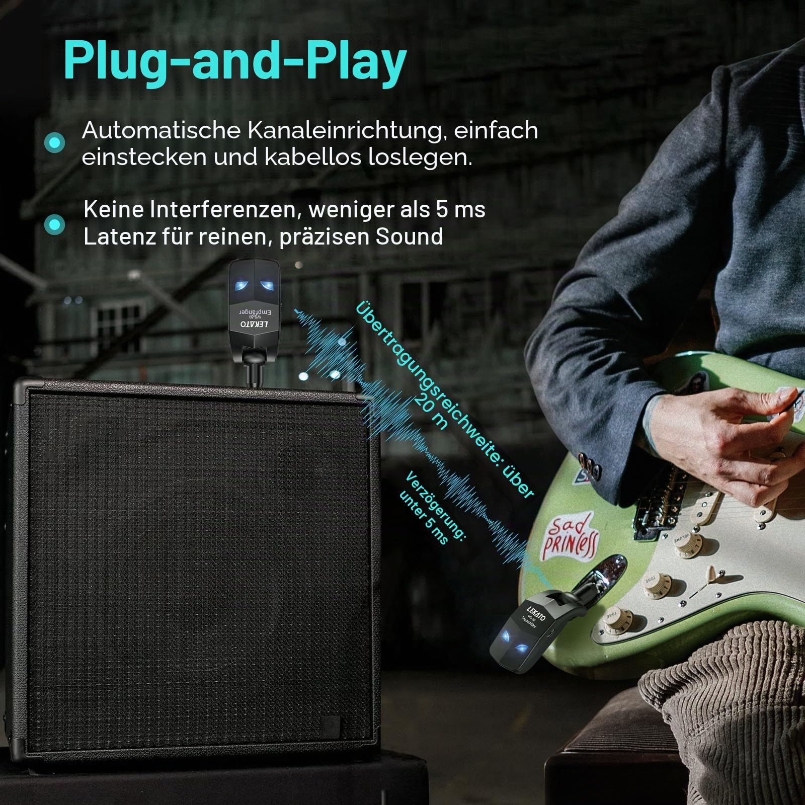 LEKATO Kabelloses Gitarrensystem,2,4 GHz kabelloser Gitarrensender-Empfänger mit 8 Stunden Laufzeit, wiederaufladbares digitales kabelloses E-Gitarrenkabel, Bass-Buchsenkabel für Gitarren bässe