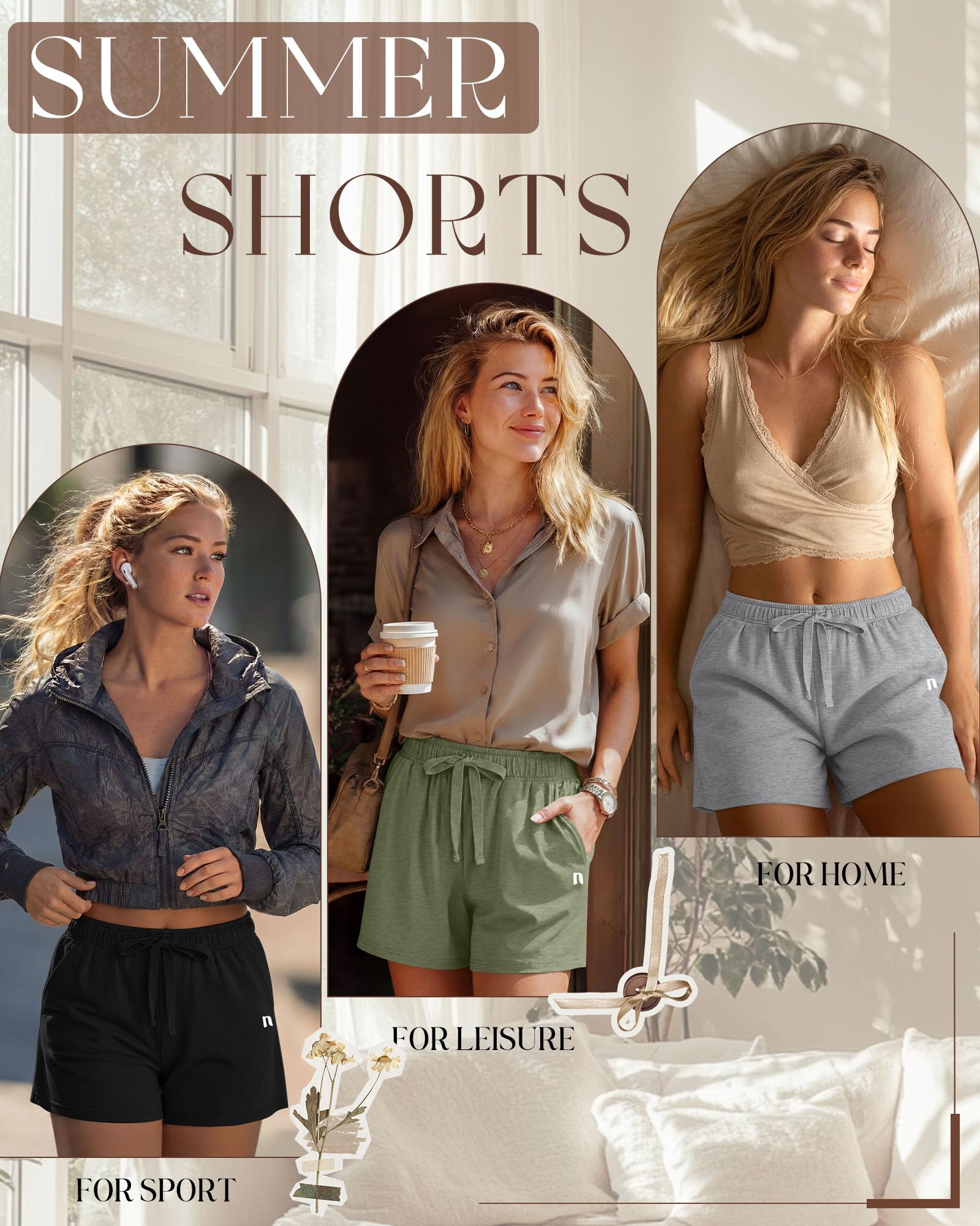 Neer Lot de 3 shorts de survêtement d'été pour femme avec cordon de serrage et poche - Pantalon de course décontracté