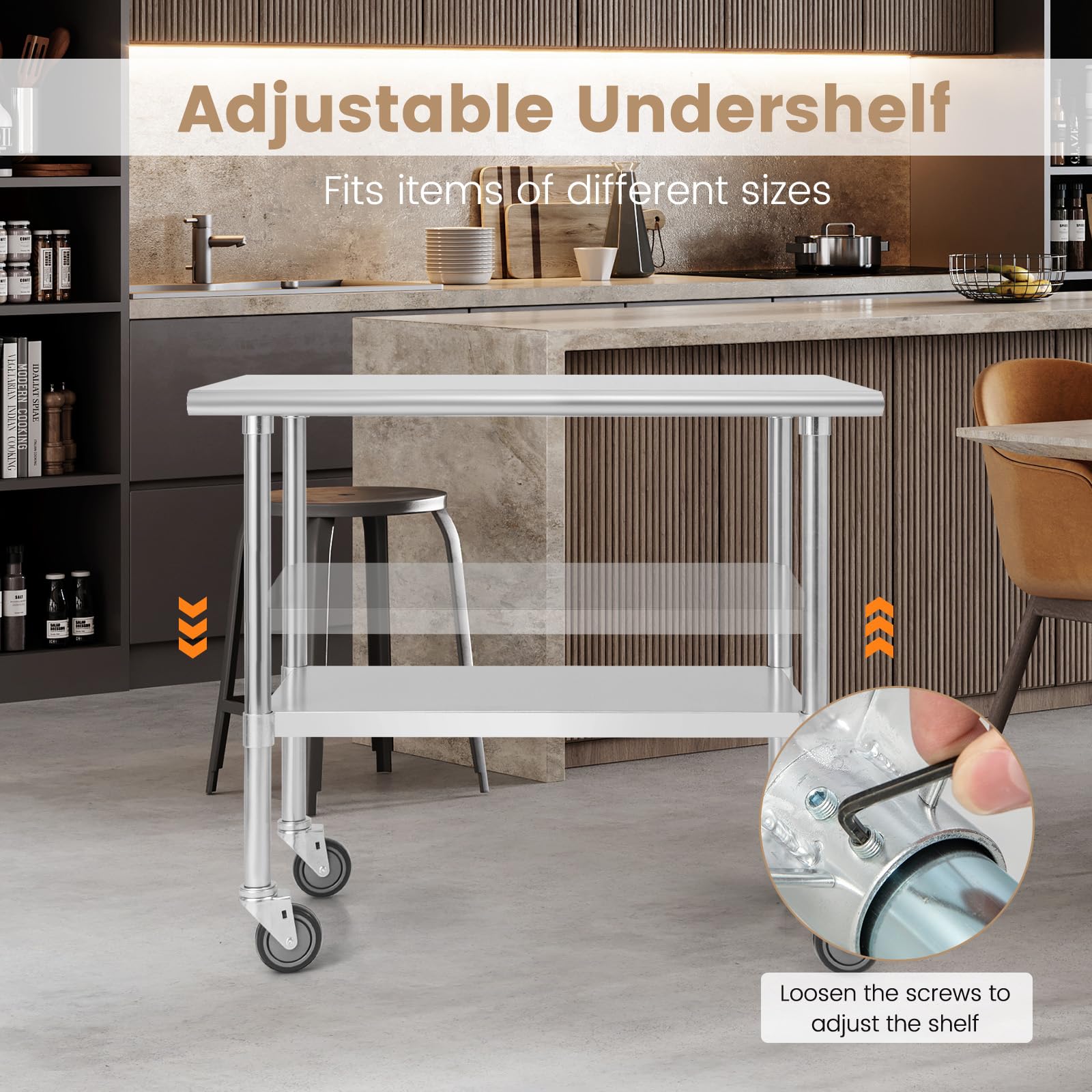 KOMFOTTEU Mesa de Trabajo con Ruedas para Cocina, Carro de Servicio de Acero Inoxidable, Carrito de 2 Estantes con Carga de 250 kg, Mesa de Preparación de Comida para Restaurante (91,5 x 61 x 89,5 cm)