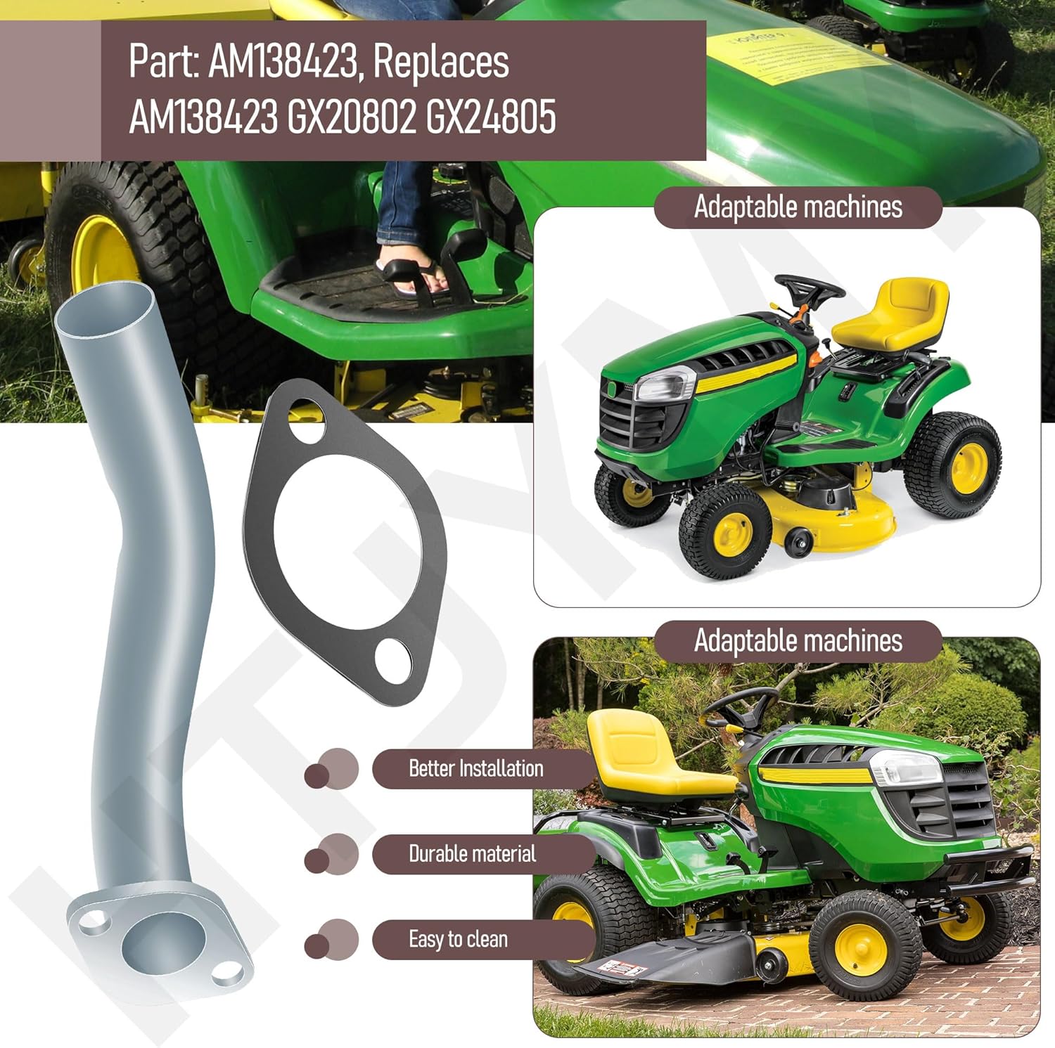 AM138423 Lawn Tractors Muffler W/Exhaust Pipe & Gasket, Replaces AM138423 GX20802 GX24805, Compatible with JD Lawn Tractors 102, 105, 115, L1742, L17.542, 1642HS, 1742HS