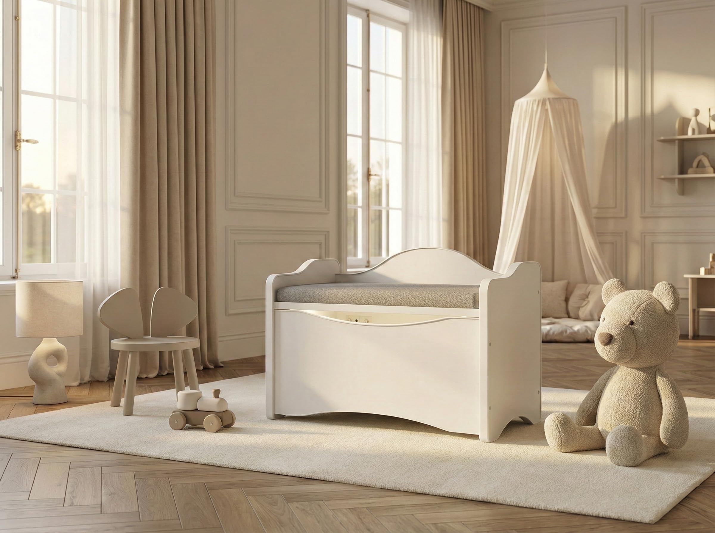 Happy Babies Spielzeugkiste Sitzbank Kindersitzbank Weiß mit Stauraum Sitztruhe Kinder Aufbewahrungskiste für Kinderzimmer