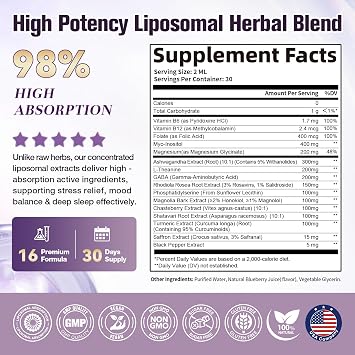 16-IN-1 Liposomal Cortisol Supplements Drops for Women, Melatonin-Free | Cortisol Reducer with Ashwagandha,L-Theanine,Myo-Inositol & Magnesium for Relaxation,Stress & Sleep,Blueberry Flavor, 2 Fl Oz