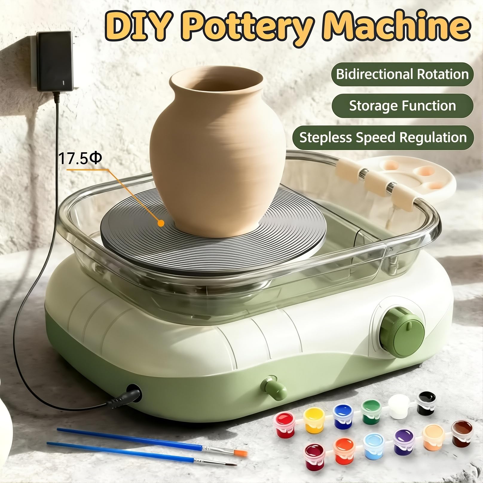 Máquina Eléctrica de Torno de Cerámica, Kit de Estudio de Arte de Cerámica de Bricolaje con Plato Giratorio de 17.5 Cm y Pedal, Juego de Mini Torno de Cerámica de Rotación Bidireccional