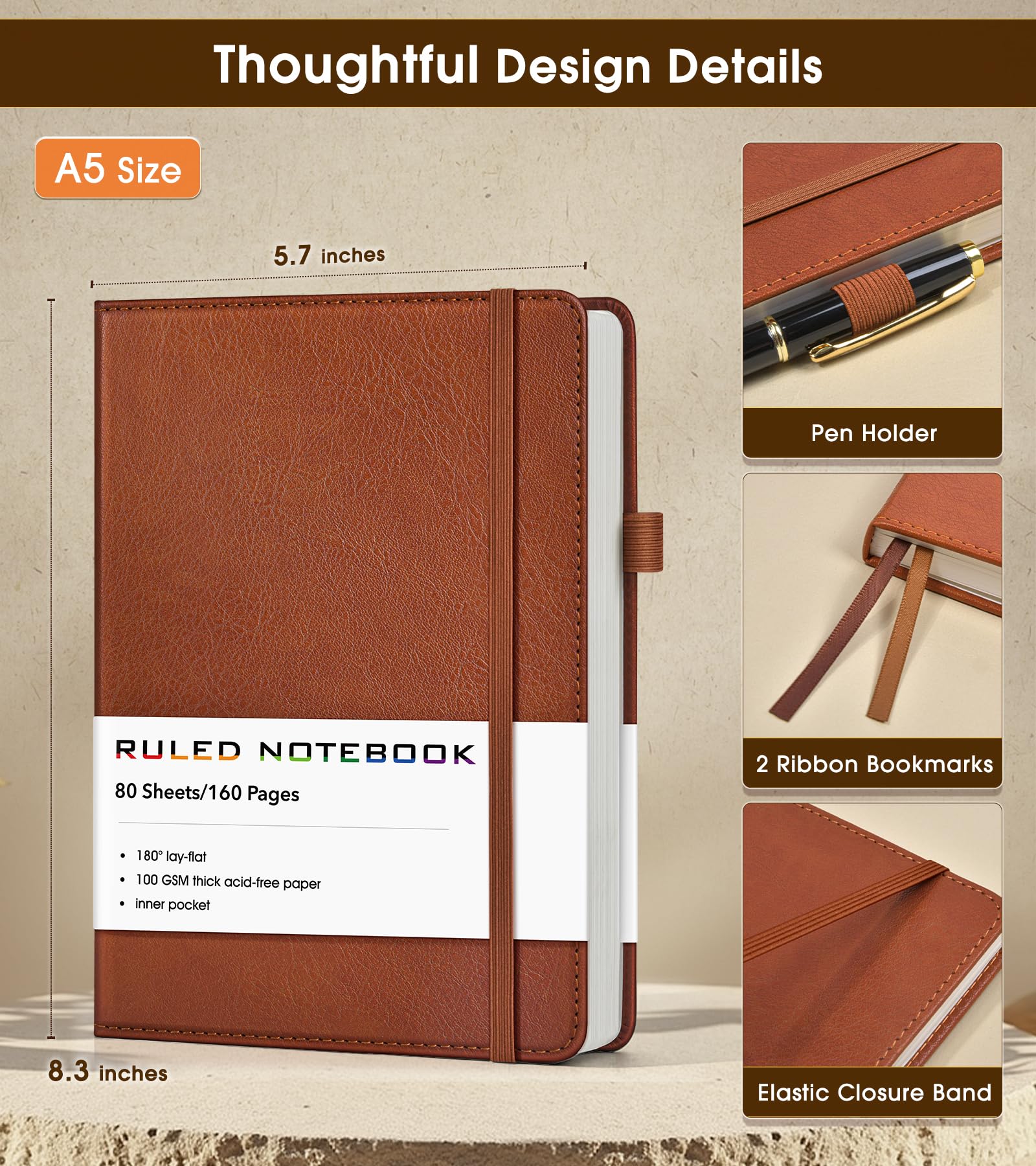 Cuaderno rayado, diario de cuero de tapa dura A5 para escribir, 160 páginas numeradas, cuadernos de diario de 5.7 x 8.3 pulgadas para hombres y mujeres, diario de papel grueso con rayas universitarias