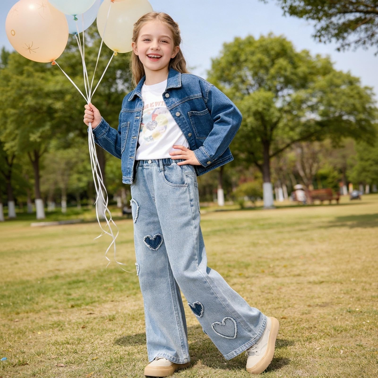 Betusline Baggy-Jeans für Mädchen, elastische Taille, lässig, weites Bein, Denim-Hose, 6–14 Jahre