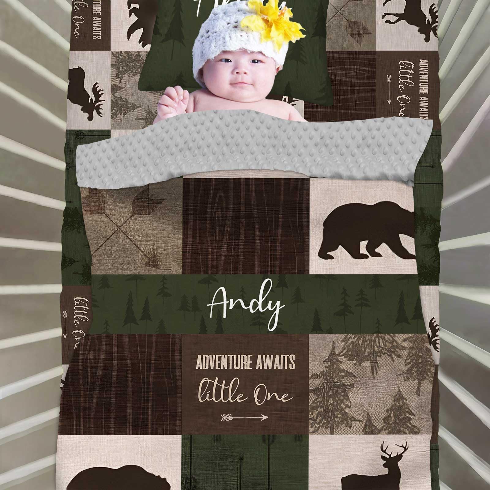 Custom Baby Crib Bedding Set, 3 Piece Personalized Name Baby Crib Sets for for Infant Toddler, Woodland Dark Green Nursery Bedding Set for Boys, Minky Blanket, Fitted Sheets, Pillowcase for Newborn