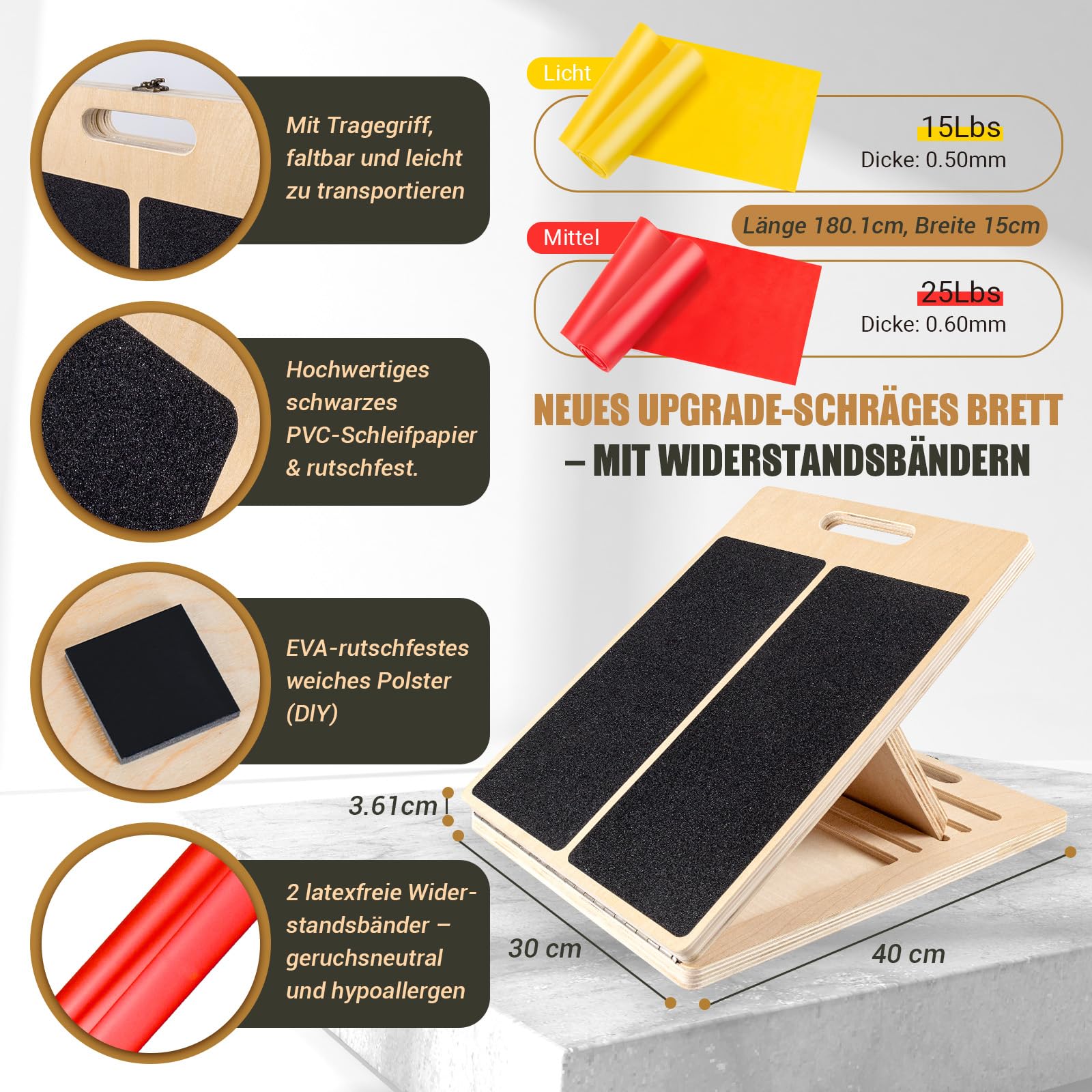 Wadendehner Schrägbrett aus Holz, 5 Winkeln Slant Stretch Board mit Trainingsposter und 2 Widerstandsbändern, Verstellbar Wadenstrecker mit Tragegriff, Mobility Balance Board, Schräges Brett