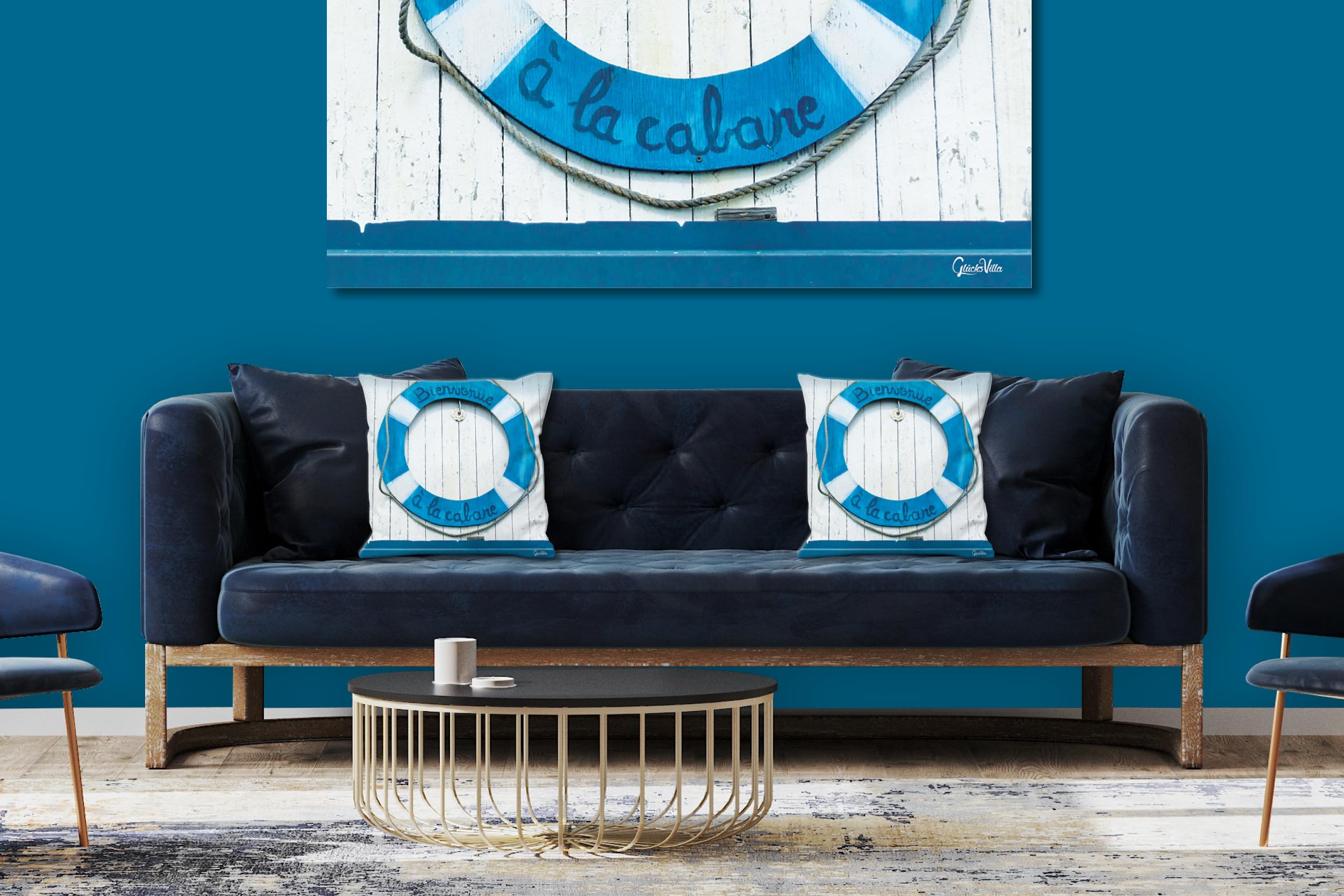Bienvenue - Foto-Kissen-Hülle Set (2 STK.) 40 x 40 cm | Kissen-Bezüge - passend zu Wandbild - Deko-Kissen - Rettungsring willkommen maritim