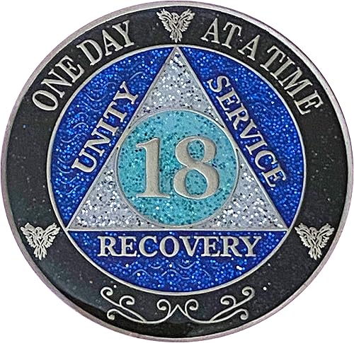 Miniatura 3 de (años 1-50) Medallón de purpurina plateado de recuperación AA de 47 años, arcoíris negro, azul, moneda de purpurina plateada, cubierta de epoxi (AA