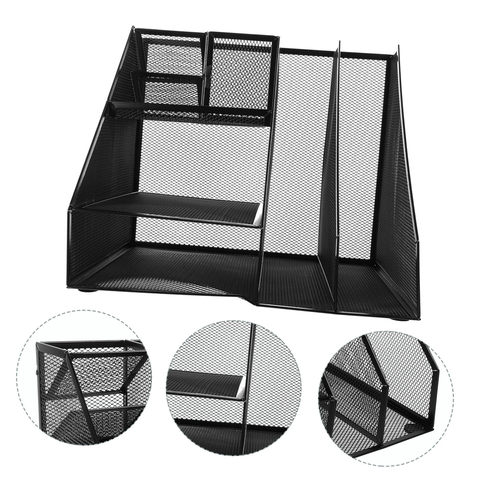 VALICLUD Schwarzer Mesh Schreibtisch Aktenorganizer aus Eisen mit 2 Fächern und 3 Ebenen Großer Stauraum und Linkem Stiftehalter für Büro und Arbeitsplatz
