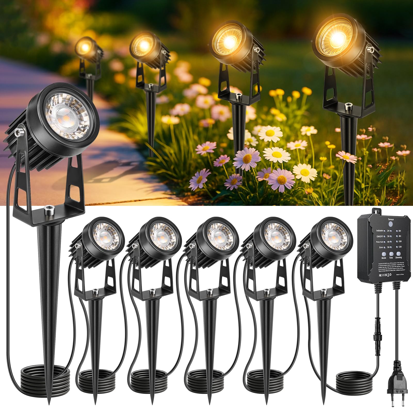LightingWill Zewnętrzne oświetlenie ogrodowe LED z palikiem, 6 sztuk, oświetlenie 24 V z czujnikiem zmierzchu i timerem, ciepła biel 3000 K, IP65, do ścieżek, tarasu i ogrodu