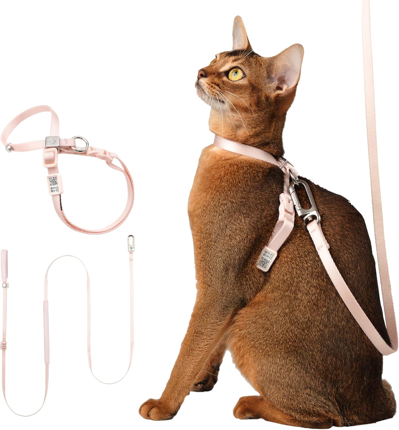 Cat Harness and Leash Set, Escape Proof Figure 8 Cat Harness Adjustable Anti-Choke Quick Release w/QR Tag, Soft Thin Crossbody/Waist Leash and Harness Set for Cats≤22lbs (Linen, M)