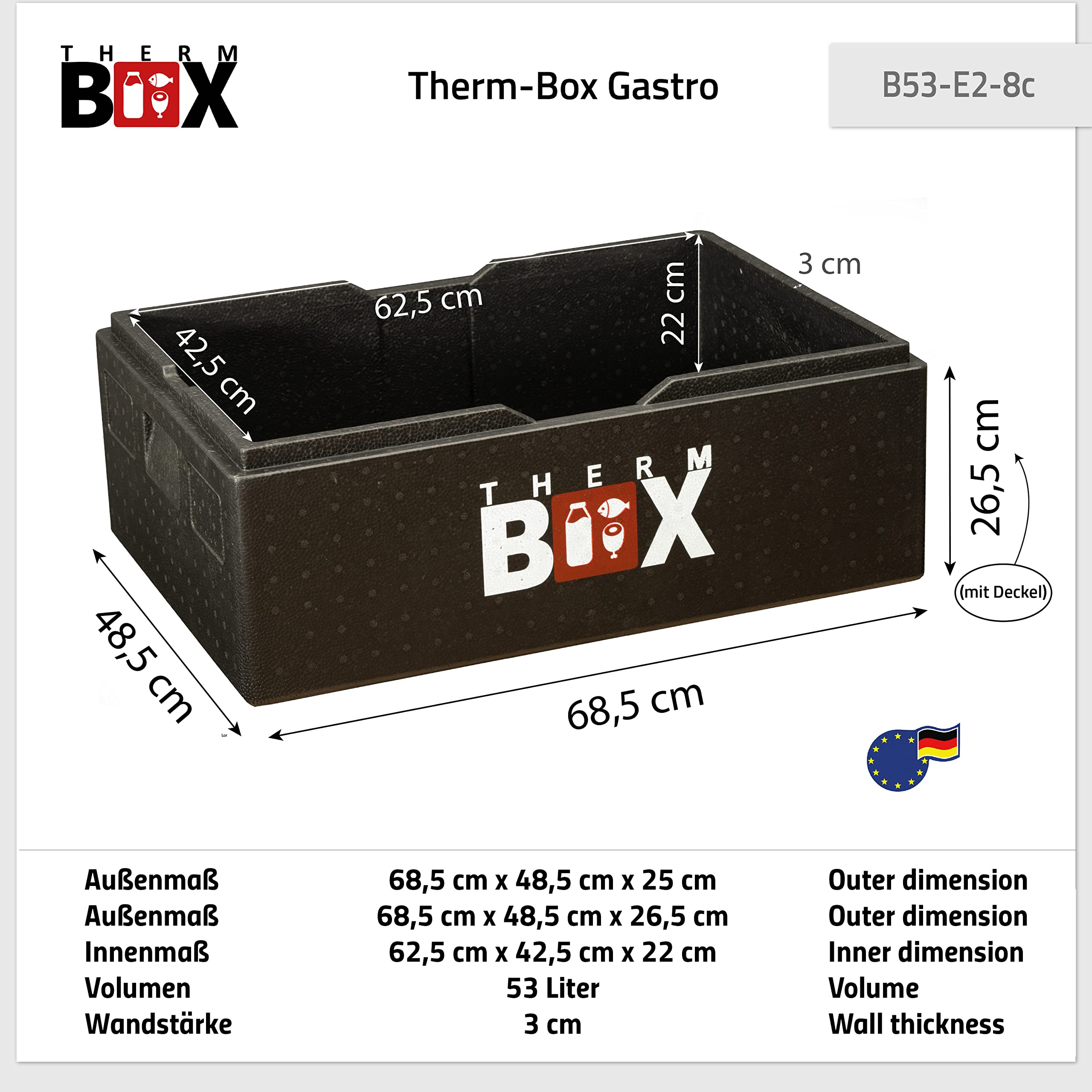 THERM BOX Styroporbox B53 mit 8X Kühlakku 53L Kühlbox Innen: 62,5x42,5x22cm Transportbox Wiederverwendbar für E2 Kiste