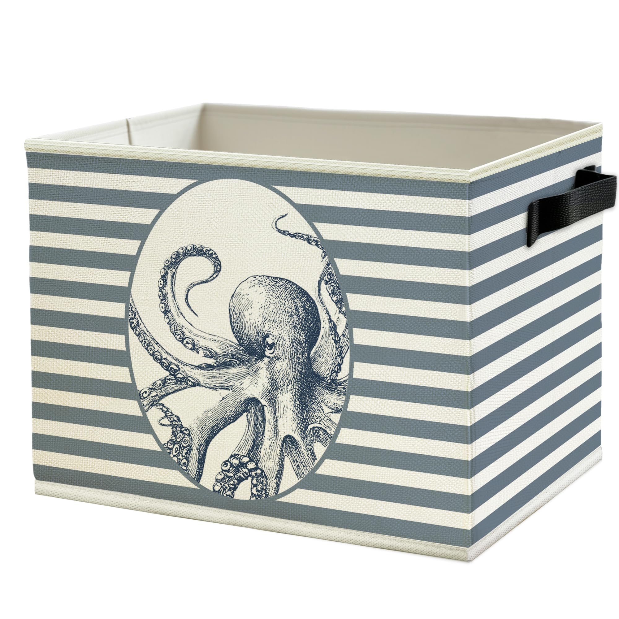 Coastal Beach Octopus Storage Bins Box with Handles, Blue Striped Beachy Ocean Octopus Marine Biology Collapsible Basket Organizer for Bedroom Bathroom Books Clothes