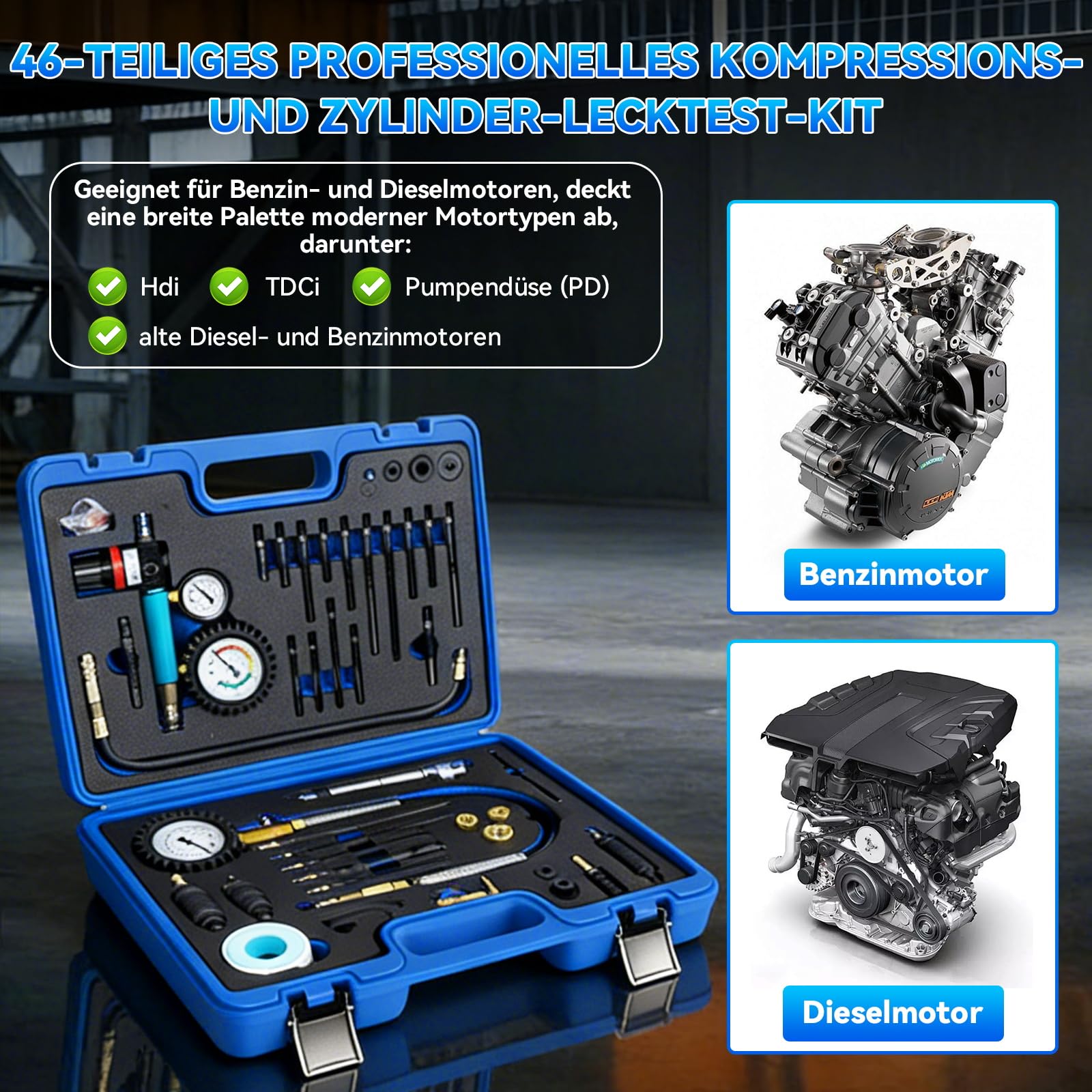 Set di 47 tester di compressione per motori a benzina e diesel, 0-50 bar, tester di compressione diesel a doppio manometro, per motori HDI, TDCi e pompa
