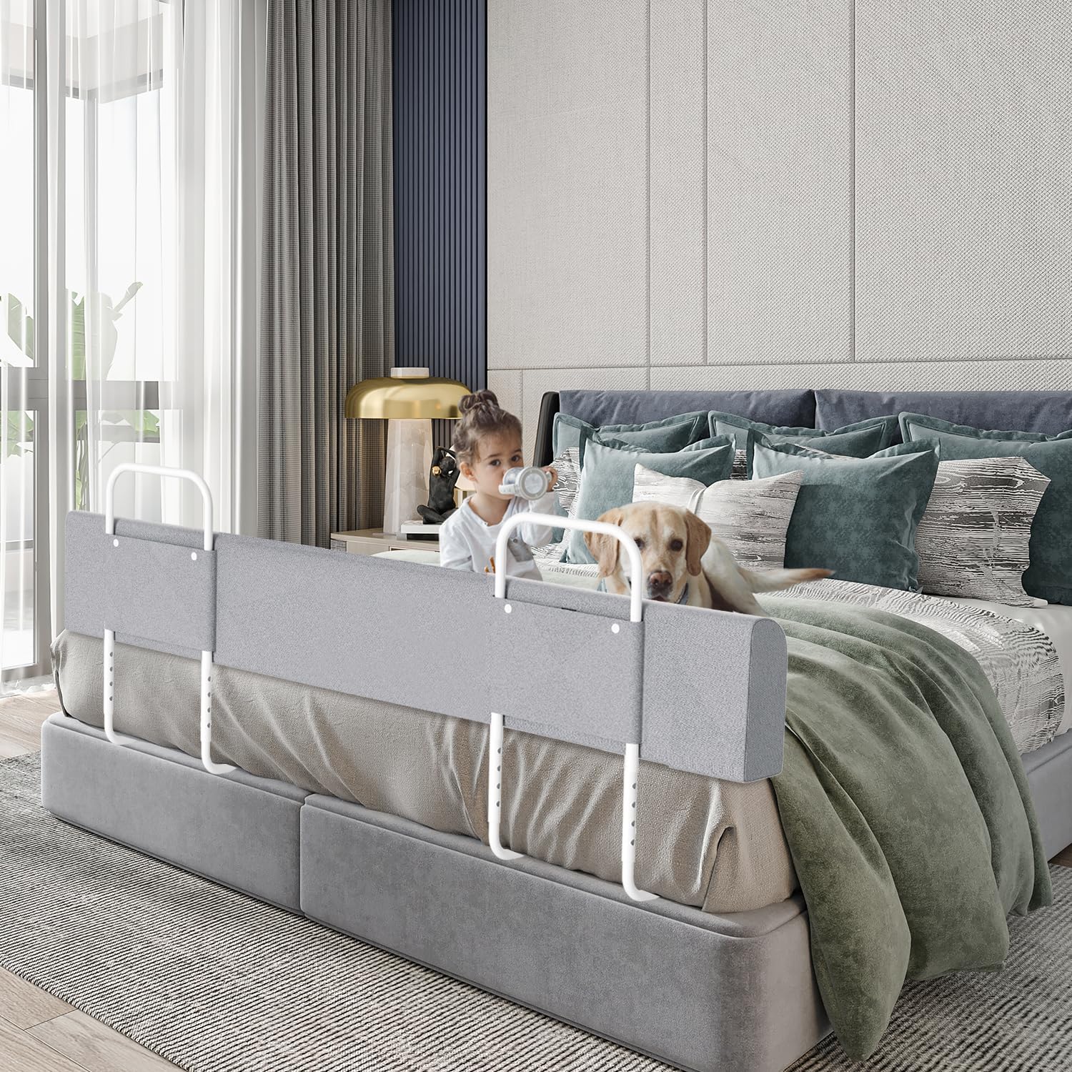 3X Bettgitter 150cm Bettschutzgitter 5-Loch Höhenverstellbar DlY Verformbar Bettkantenschutz Weich Rausfallschutz Kinderbettgitter für Kinder und Baby, Grau