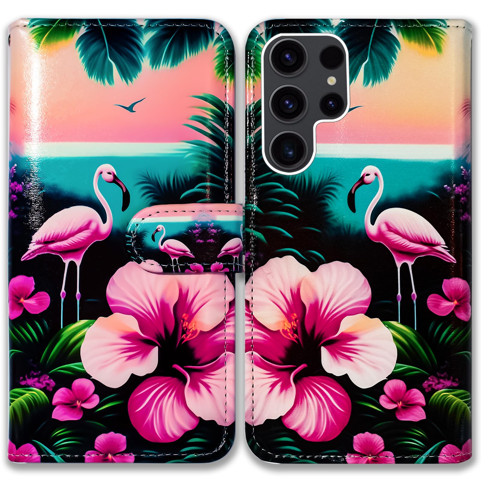 Bcov Case for Samsung Galaxy S25 Ultra,Pink Flamingo Flowers Bird Leather Flip Phone Case Wallet Cover with Card Slot Holder Kickstand Case for