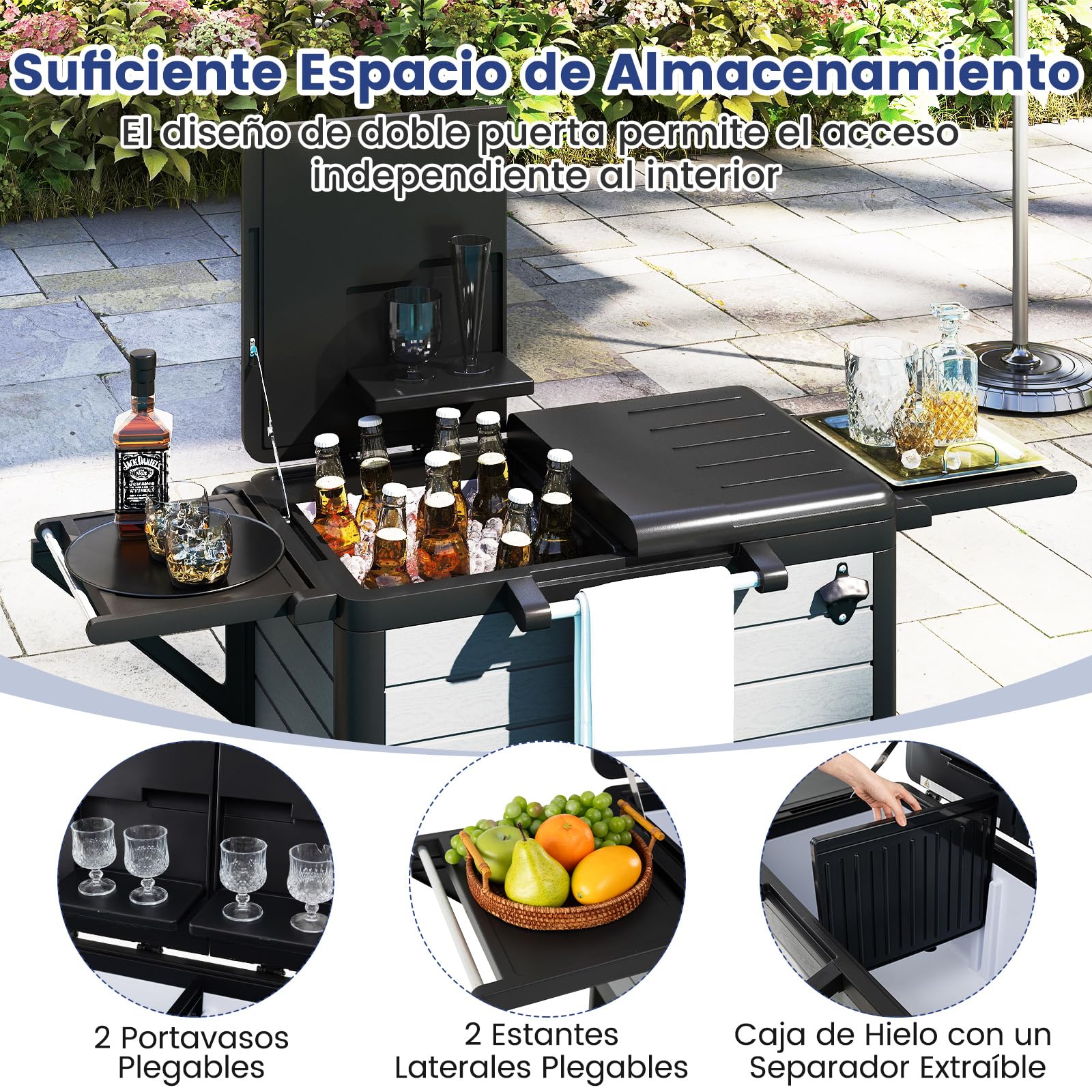 GOPLUS Mesa Nevera Jardin Exterior, 91 L Carrito Nevera Portatil con Ruedas, Estantes de Almacenamiento, Abridor de Botellas, Congelador para Jardín, Camping, Barbacoa, Picnic