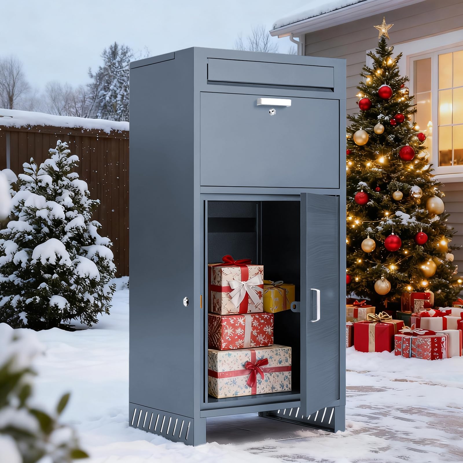 Outdoor Package Delivery Box with Wooden Door, Pre-Assembled Lockable Anti-Theft Parcel Drop Box, IPX3 Waterproof & Weather-Resistant for Porch, Fence, Curbside, (M - Blue)