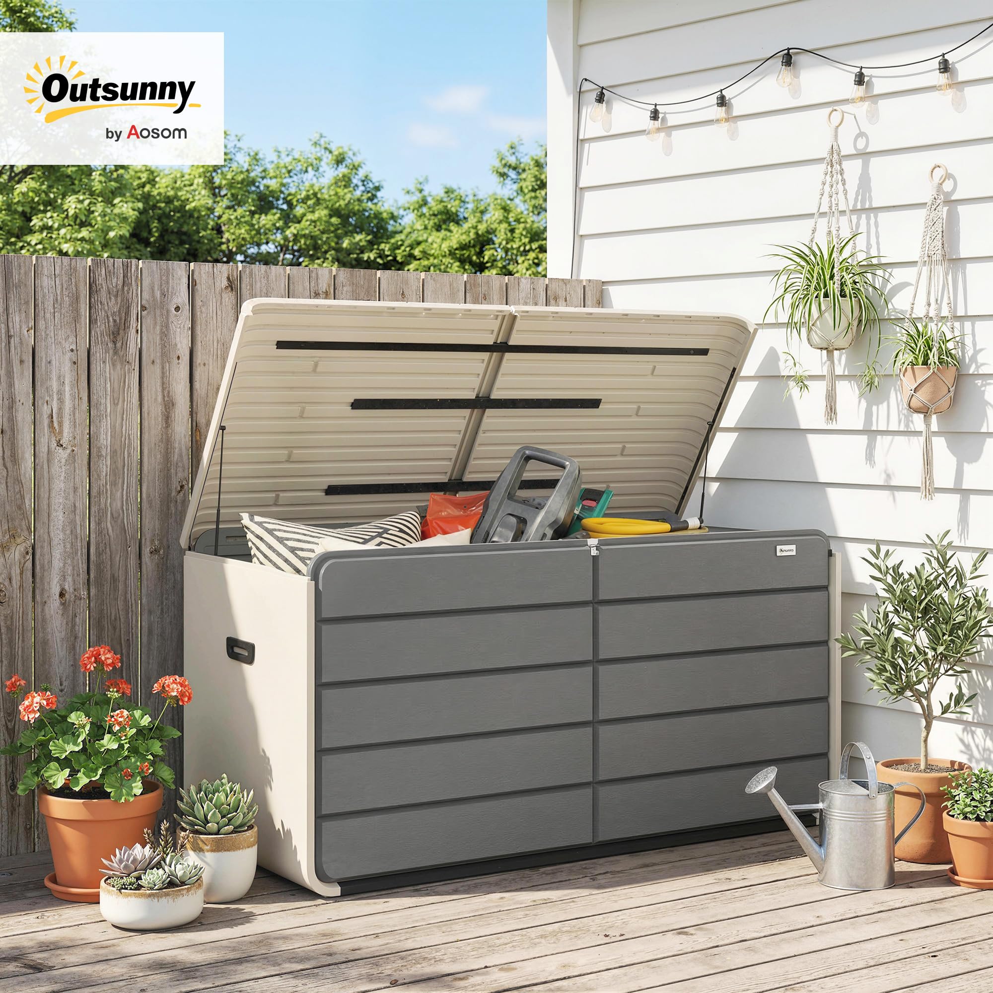 Outsunny 200 Gallon Garden Storage Box, HDPE Deck Box with Wheels, Lockable Lid, Pneumatic Gas Rods and Side Handles, Outdoor Patio Storage Container for Garden Tool, Beige & Grey - 2