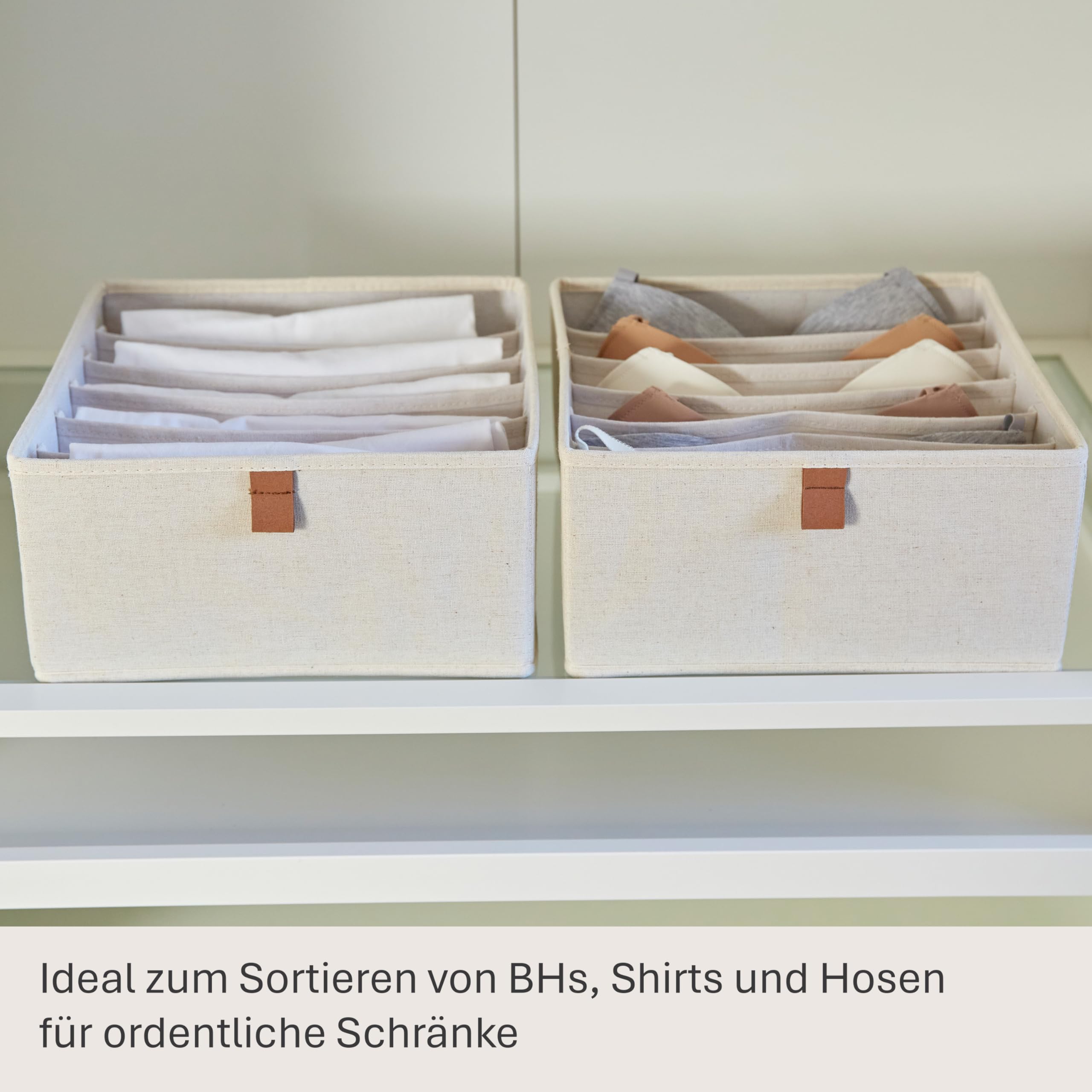 LOVE IT STORE IT Premium Schubladen Organizer 2-teilig - Schubladenbox aus Stoff - Verstärkt mit Karton - 6 Fächer für BHs, Shirts, Jeans - Beige - 30x30x15 cm