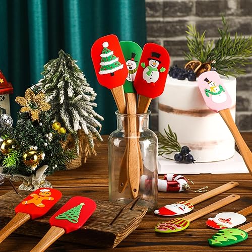 Miniatura 4 de Patelai 10 espátulas de silicona de Navidad para pastel de Navidad con mango de madera, muñecos de nieve, espátula para panqueques, raspador de