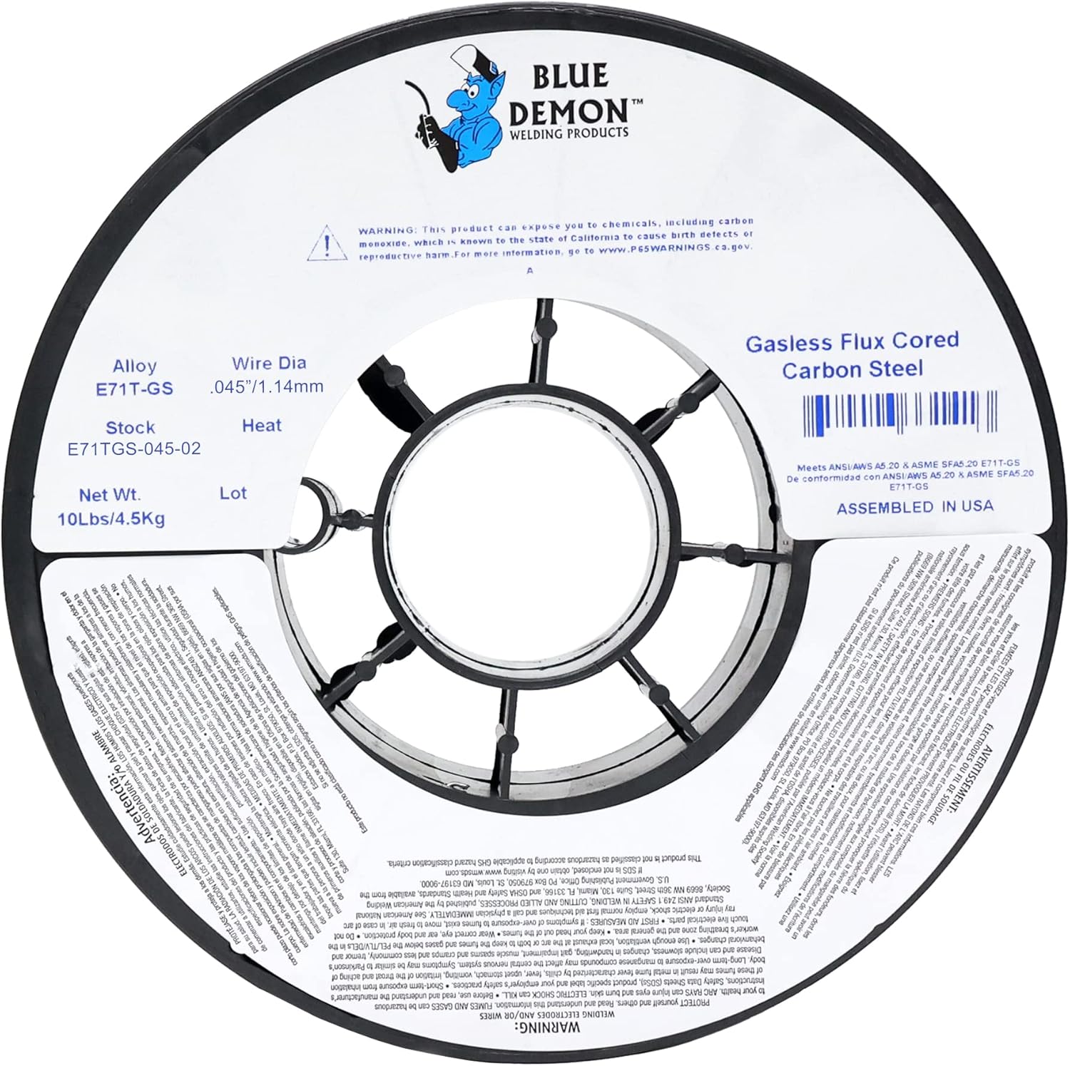 Blue Demon E71TGS X .045” X 10 LB MIG/GMAW Gasless Flux Core Carbon Steel Welding Wire, All Position, Easy Slag Removal, Formulated to Provide Porosity-Free, X-Ray Quality Welds