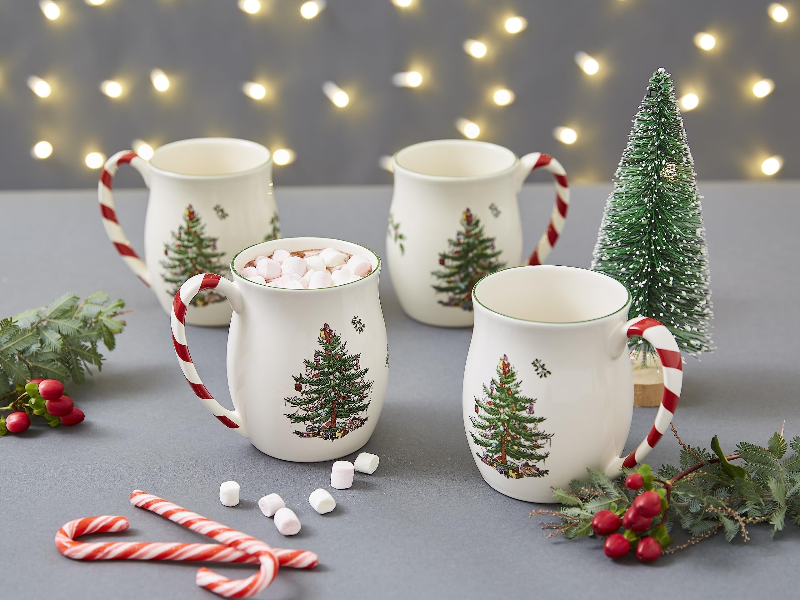 Spode Becher mit Weihnachtsbaum-Motiv und Zuckerstangen-Griffen, Set mit 4 Stück