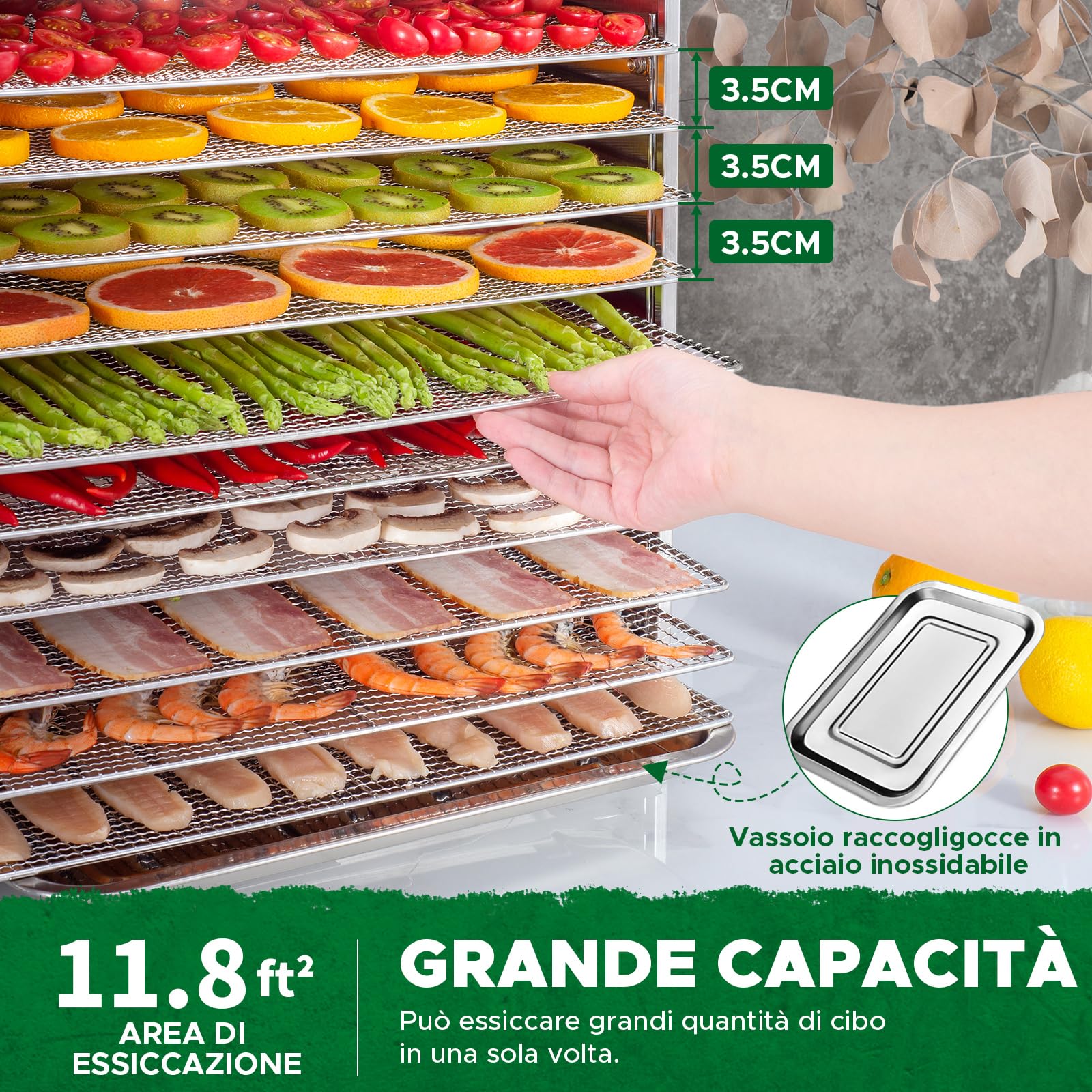 Kwasyo Essiccatore Alimentare in Acciaio Inox DA 1000, superficie di essiccazione XXL 1,8 m², temperatura regolabile 30-90℃, display LED, 24 ore, senza BPA, con ricettario, 10 vassoi in acciaio inox