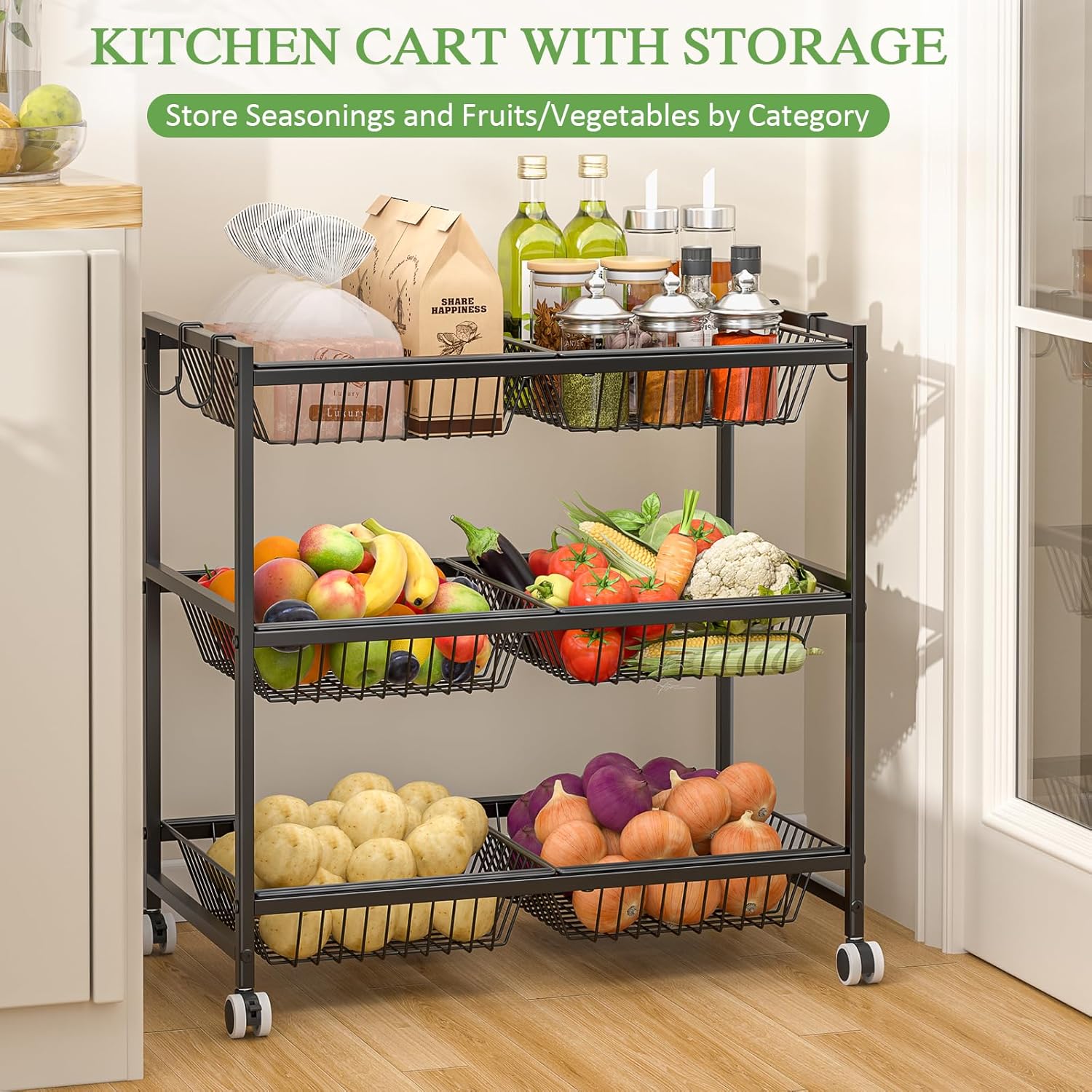 3-Tier Rolling Pantry Floor Organizer Cart with 6 Detachable Baskets, Metal Wire Fruit Basket Stand with Wheels, Kitchen Storage Cart for Fruit Vegetables, Snack Cart for Pantry Kitchen Living Room - Image 4