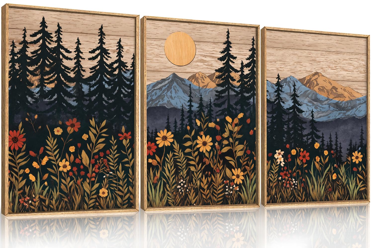 Houria Mid Century Woodland Mountain Framed Canvas Wall Art Set,Vintage Natural Sunset Wildflower Forest Field Decor,Wilderness Boho Floral Pine Tree Landscape Artwork for Living Room,Office-24"x36"x3