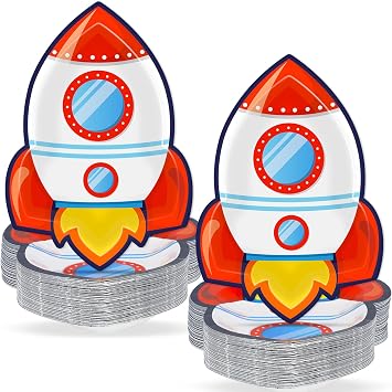 50 PCS Rocket Ship Paper Plates for Outer Space Birthday Party Supplies Disposable Solar System Themed Party Dessert Plates Starry Night Baby Shower Party Galaxy Birthday Themed Decoration Kids