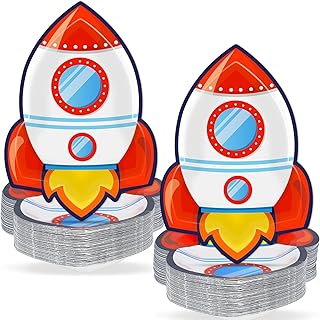 50 PCS Rocket Ship Paper Plates for Outer Space Birthday Party Supplies Disposable Solar System Themed Party Dessert Plates Starry Night Baby Shower Party Galaxy Birthday Themed Decoration Kids