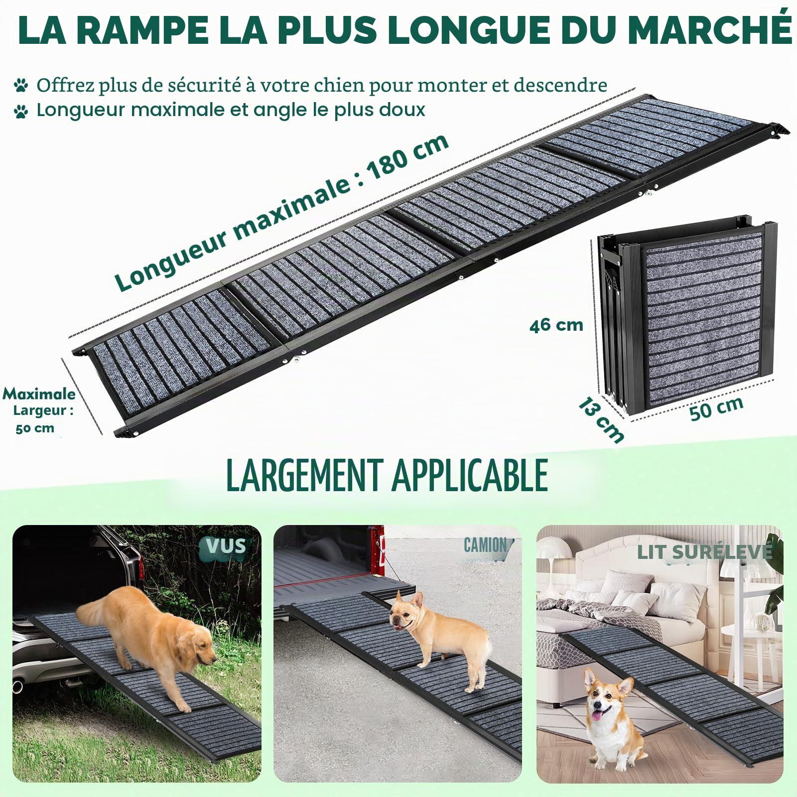 Rampe pour chien de 180 cm de long et 50 cm de large, pliable, avec tapis antidérapant, pliable pour l'extérieur, escalier, voiture, pour chiens de taille moyenne et grande dans un SUV et un camion