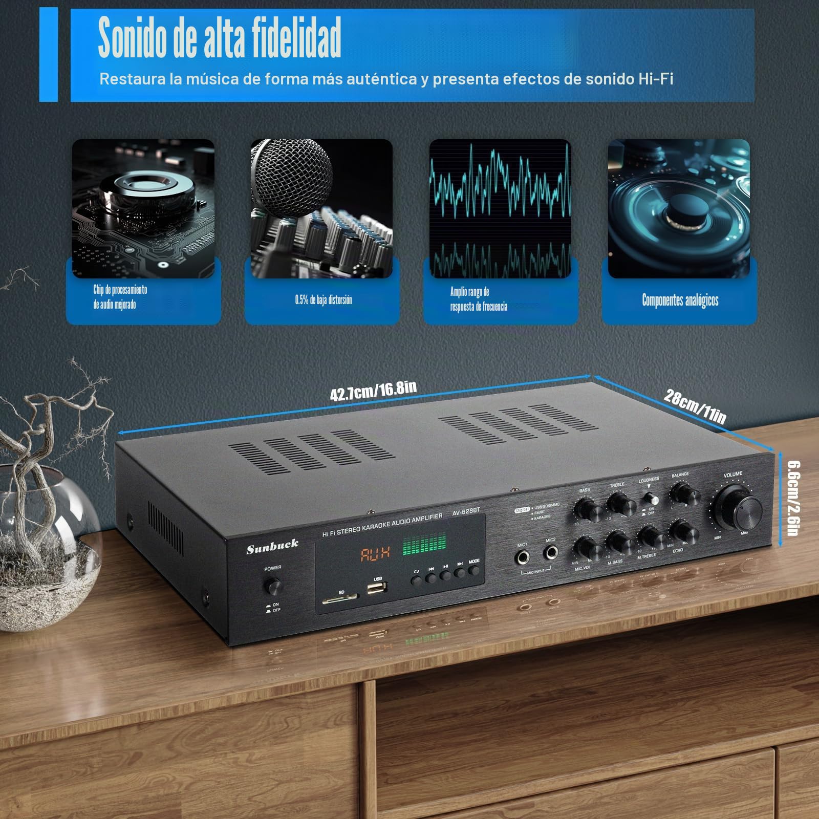 Amplificador Estéreo Digital de 5 Canales HiFi Bluetooth 600W FM/AM USB con Control Remoto