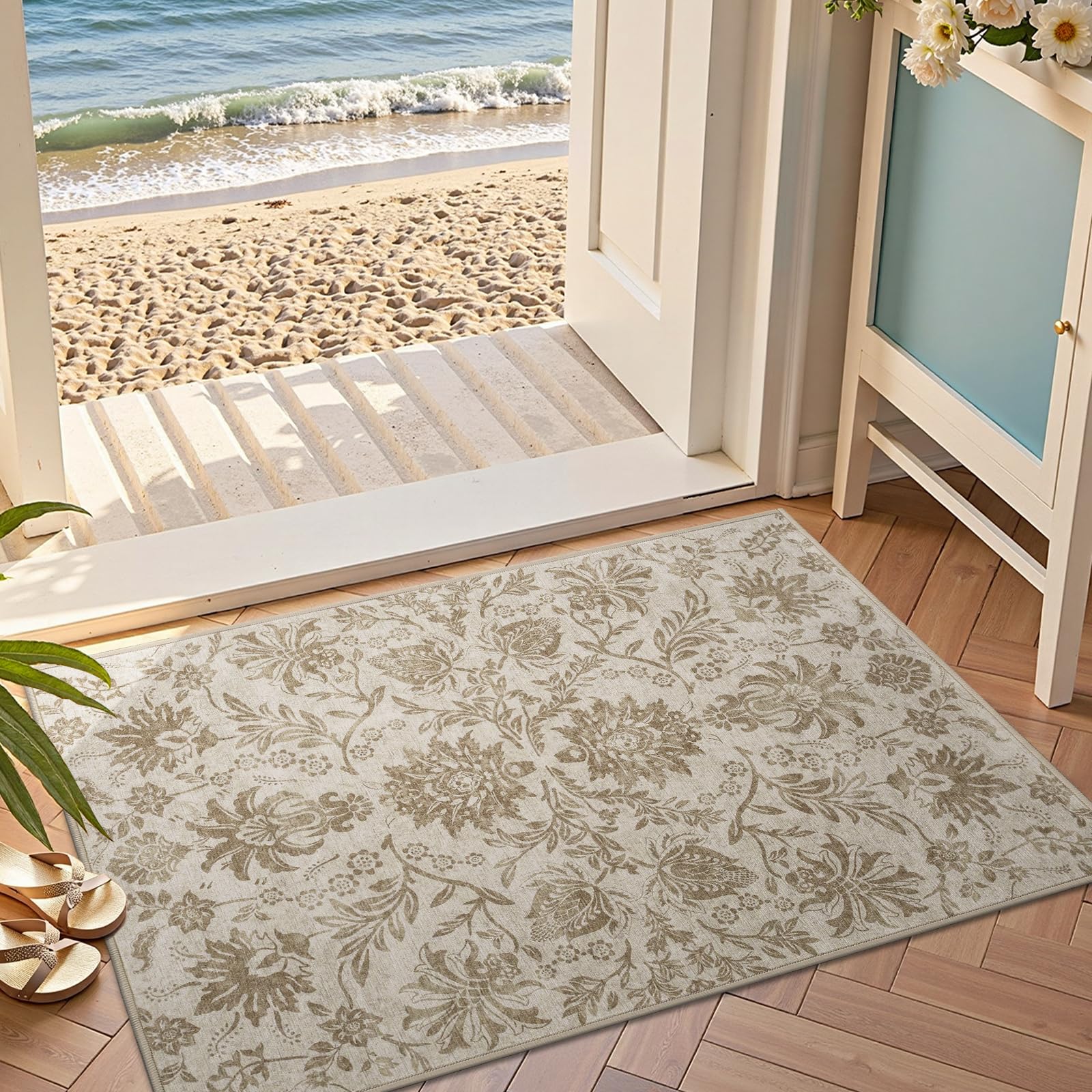 jinchan Torino 2x3 Washable Rugs for Entryway, Vintage-Inspired Floral Neutral Design Non-Slip Low-Pile Doormat, Ultra-Thin Indoor Traditional Accent