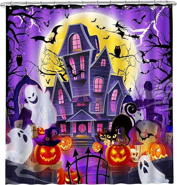 Halloween Shower Curtain - Waterproof Castle Bath Curtain, 71 x 71