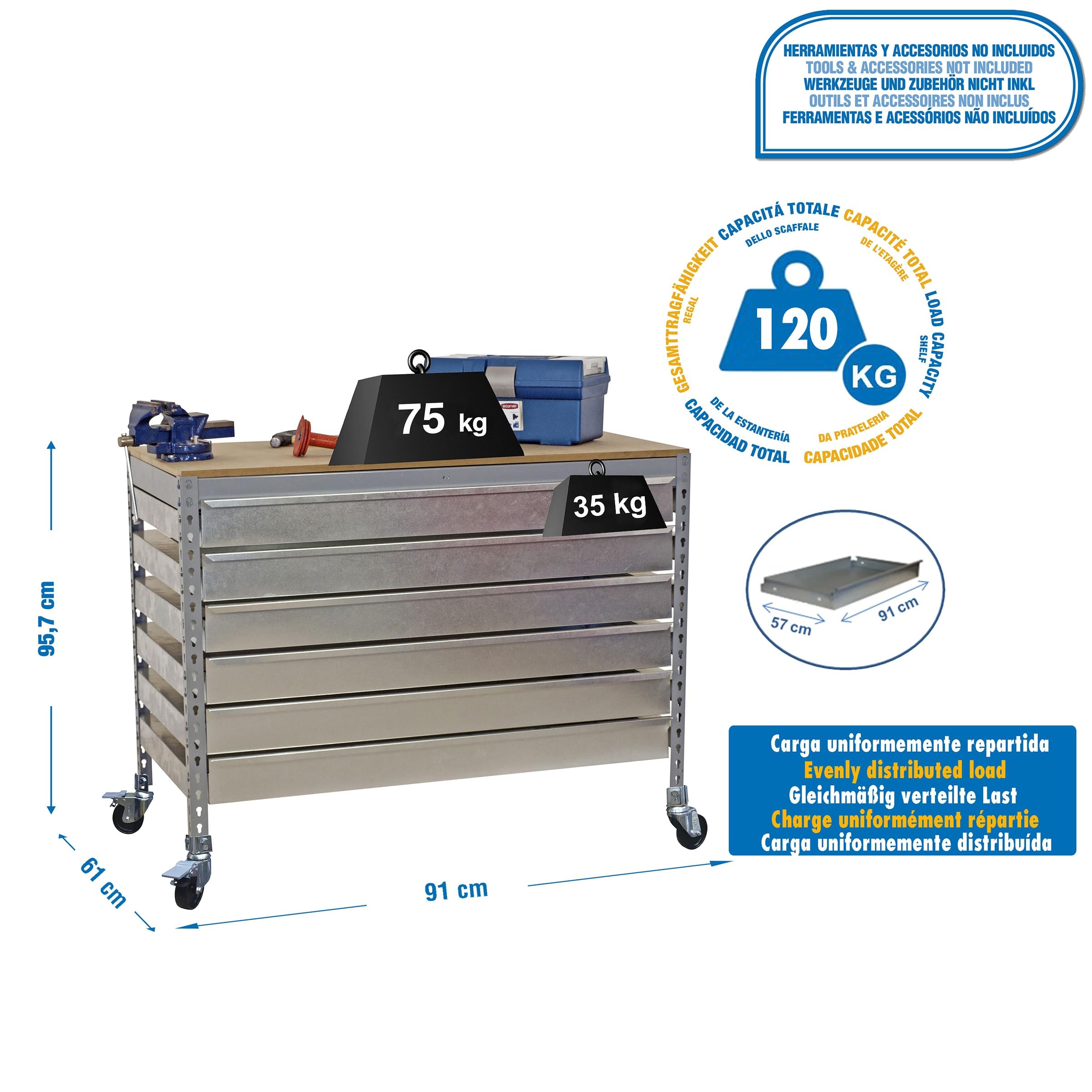 Simon Rack Banco de Trabajo Taller con Ruedas 910x610 mm - BT5 | 6 Cajones, Tablero madera 16 mm, Capacidad Carga 120 kg, Gris , Pintura anticorrosión, Montaje sistema clic