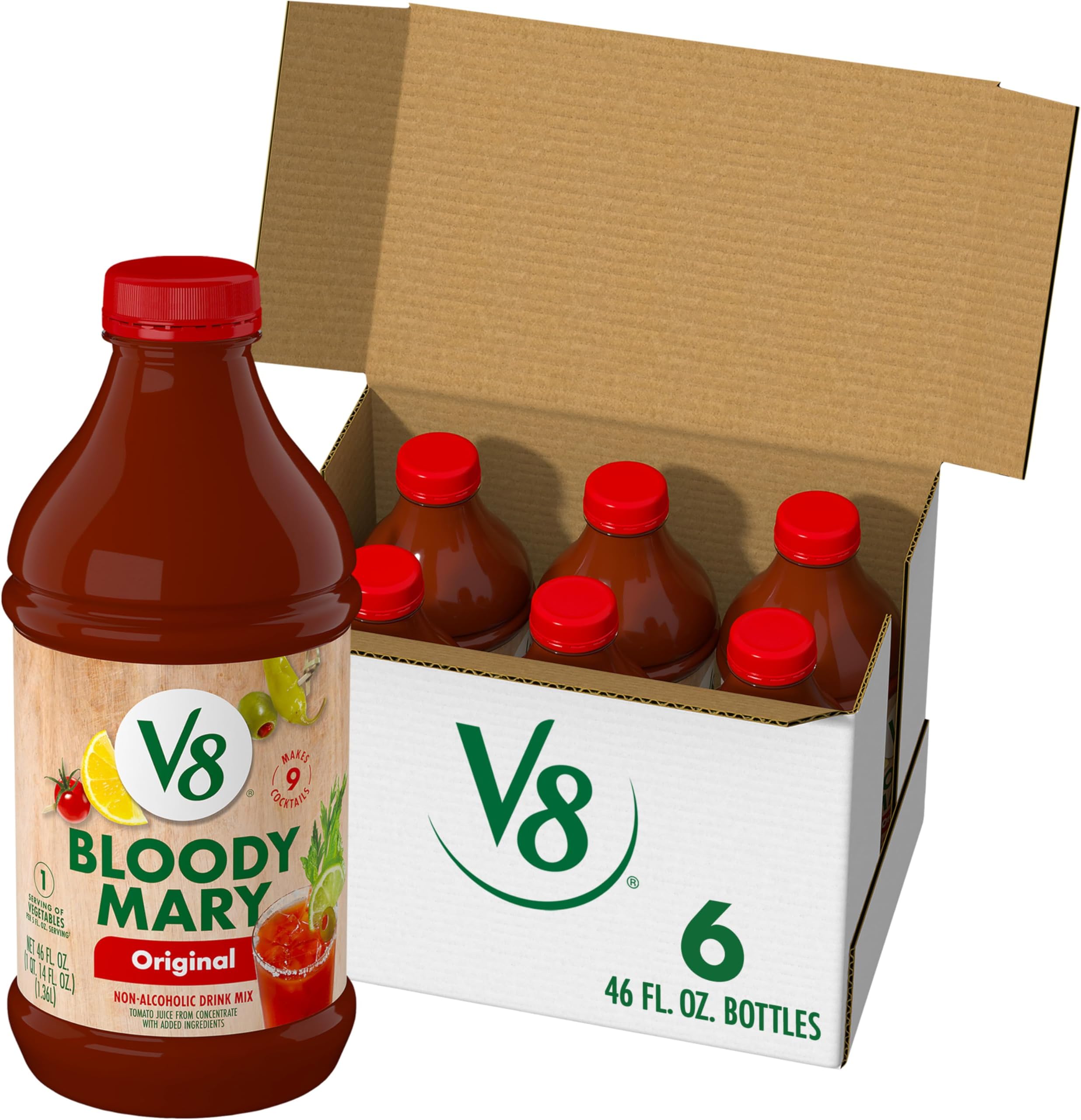 V8 Bloody Mary Mix, Vegetable Juice for Bloody Mary Cocktails, 46 FL OZ Bottle (Pack of 6)