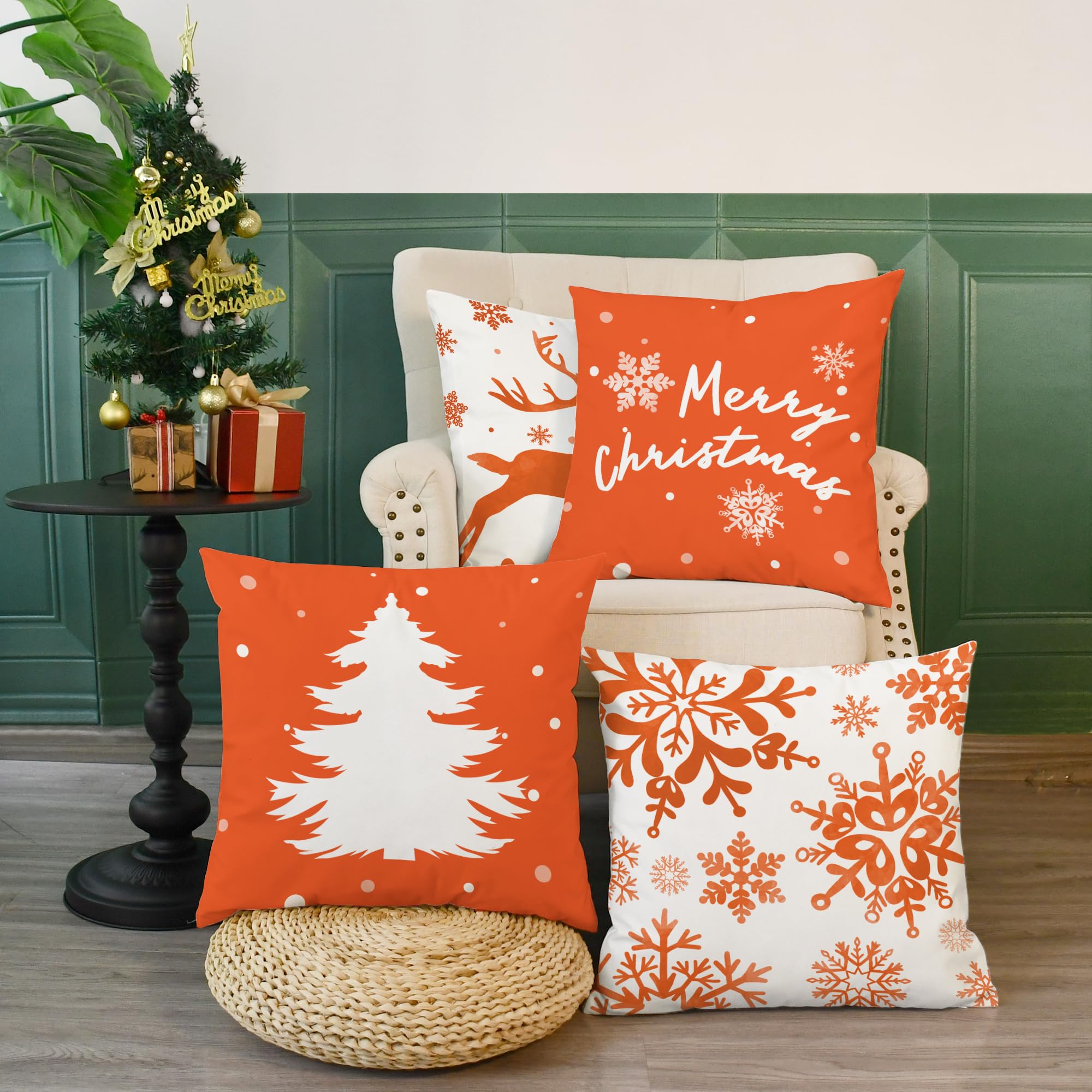 CaliTime Set di 4 federe decorative per cuscini natalizi, 40 x 40 cm, in morbido pile, motivo albero, cervo, fiocchi di neve, per divano, letto, soggiorno, casa colonica, arancione bruciato